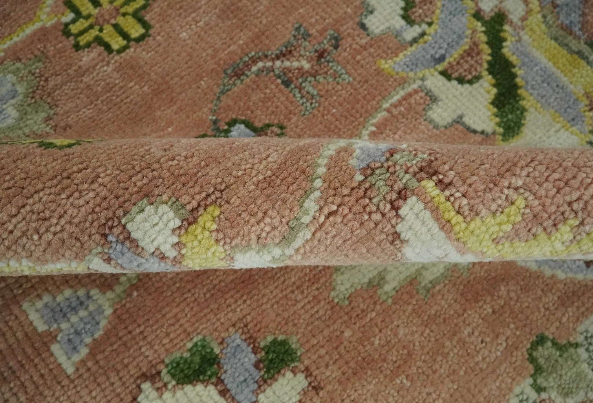 Antique Floral Peach, Green, Mustard and Ivory Hand Knotted 9x12 wool area Rug - Image 6
