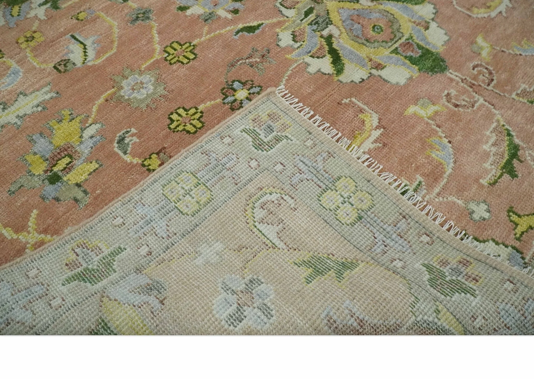 Antique Floral Peach, Green, Mustard and Ivory Hand Knotted 9x12 wool area Rug - Image 7