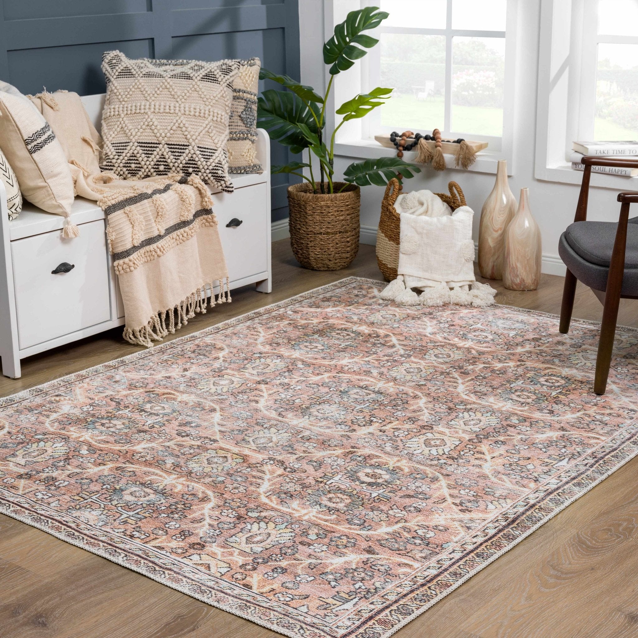 Traditional Vintage Turkish Design Peach, Ivory and Brown Low pile  Area Rug - Image 15