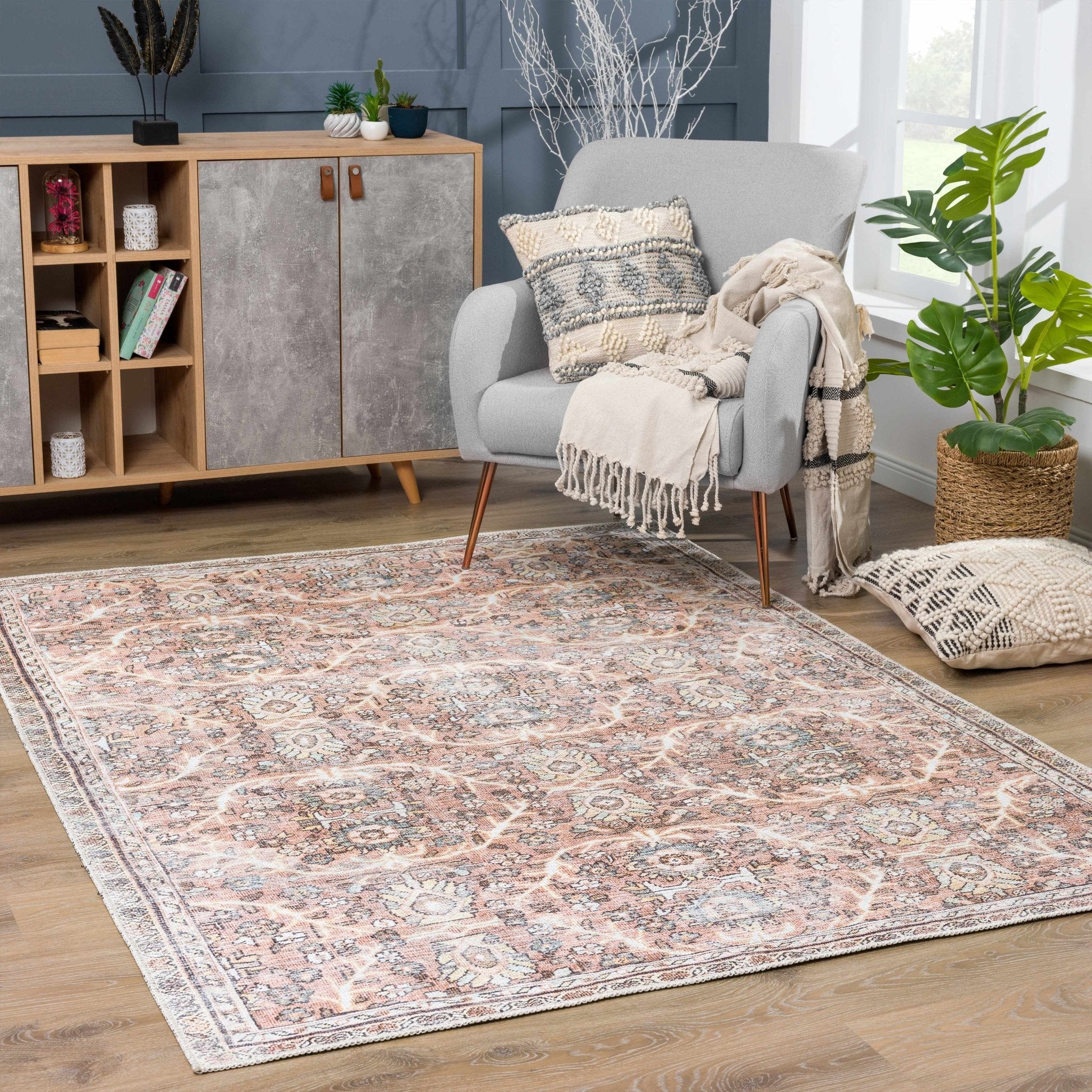 Traditional Vintage Turkish Design Peach, Ivory and Brown Low pile  Area Rug - Image 3