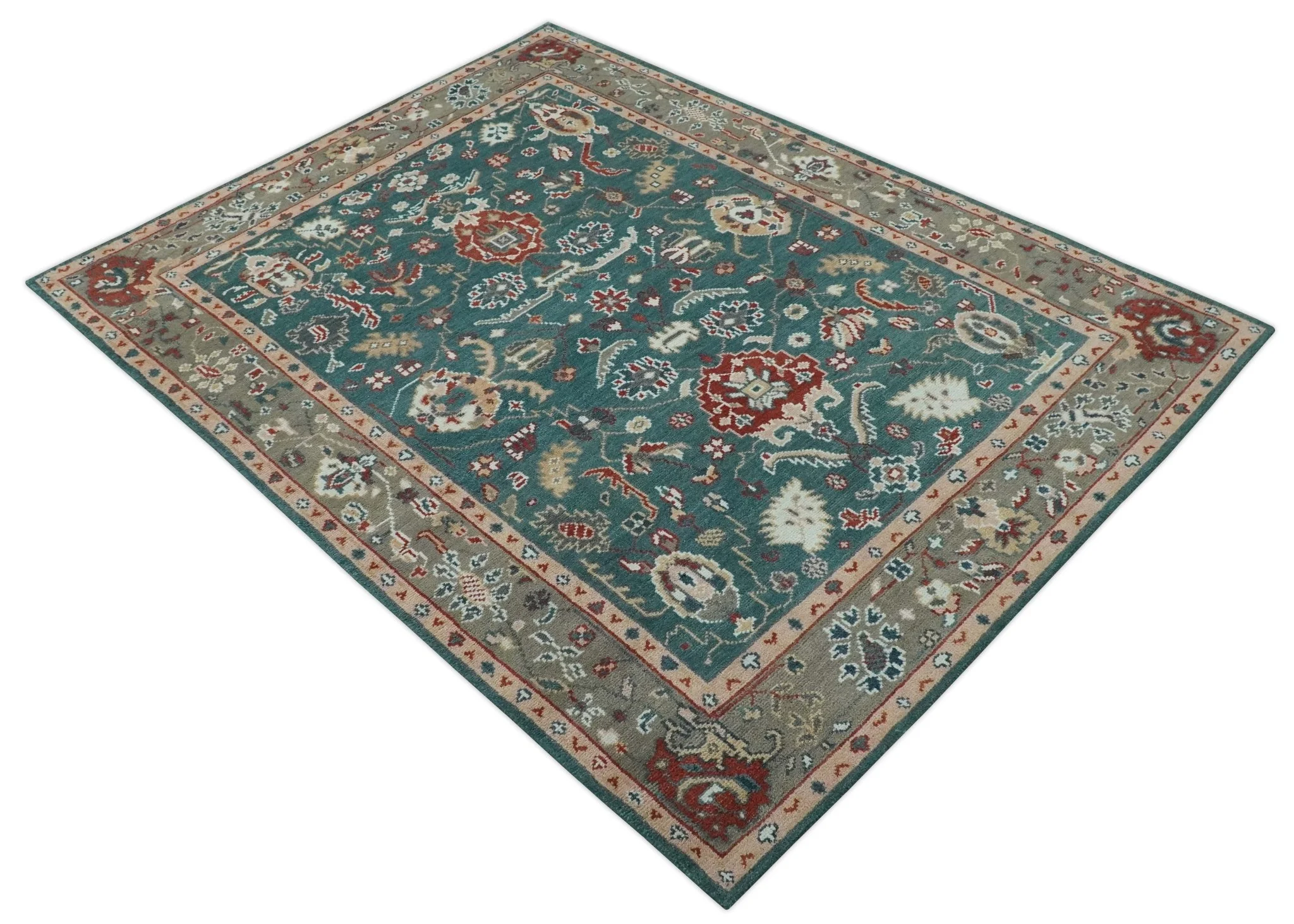 Floral Teal, Camel and Brown Hand Knotted Oriental Oushak Multi Size wool Area Rug - Image 10