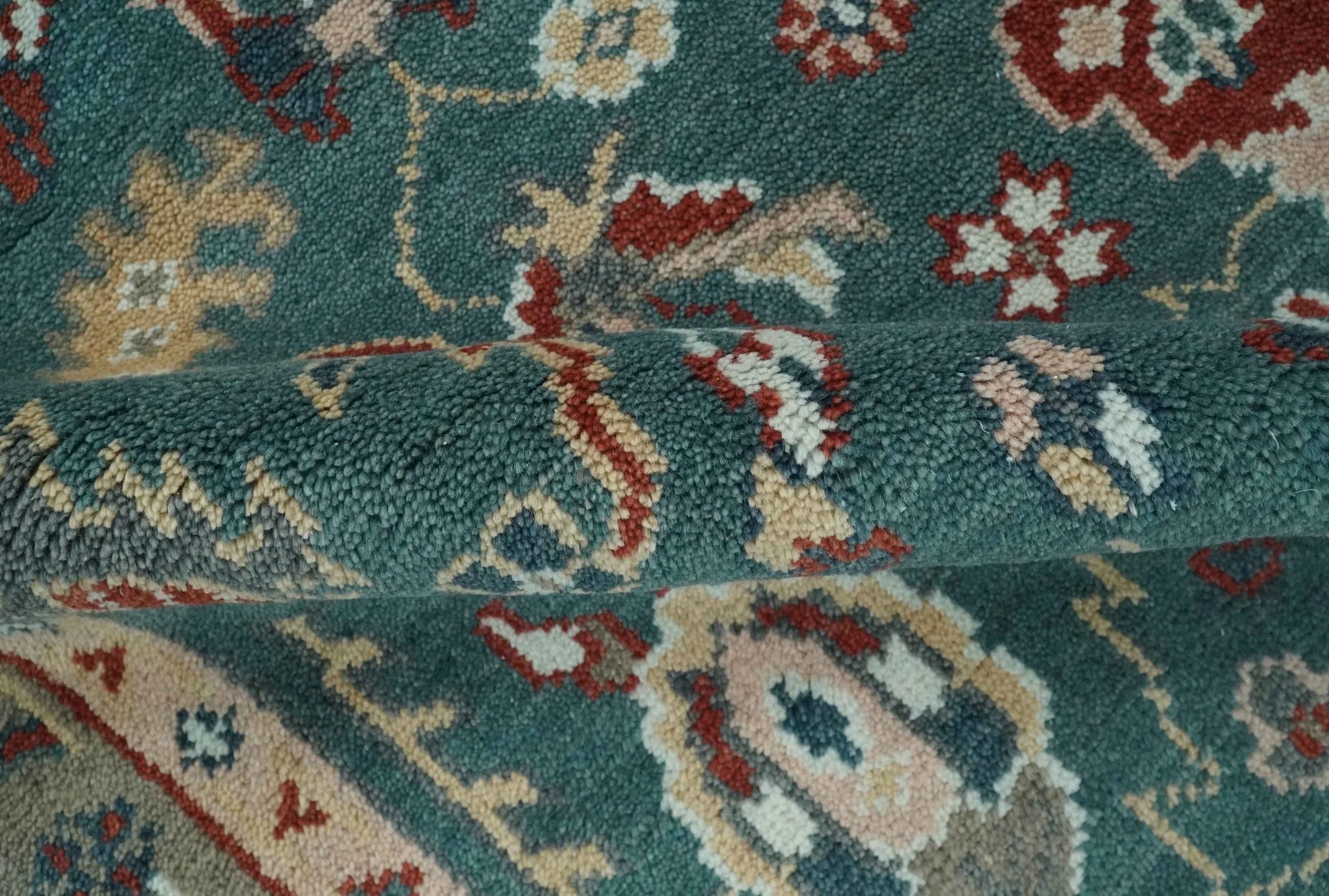 Floral Teal, Camel and Brown Hand Knotted Oriental Oushak Multi Size wool Area Rug - Image 7