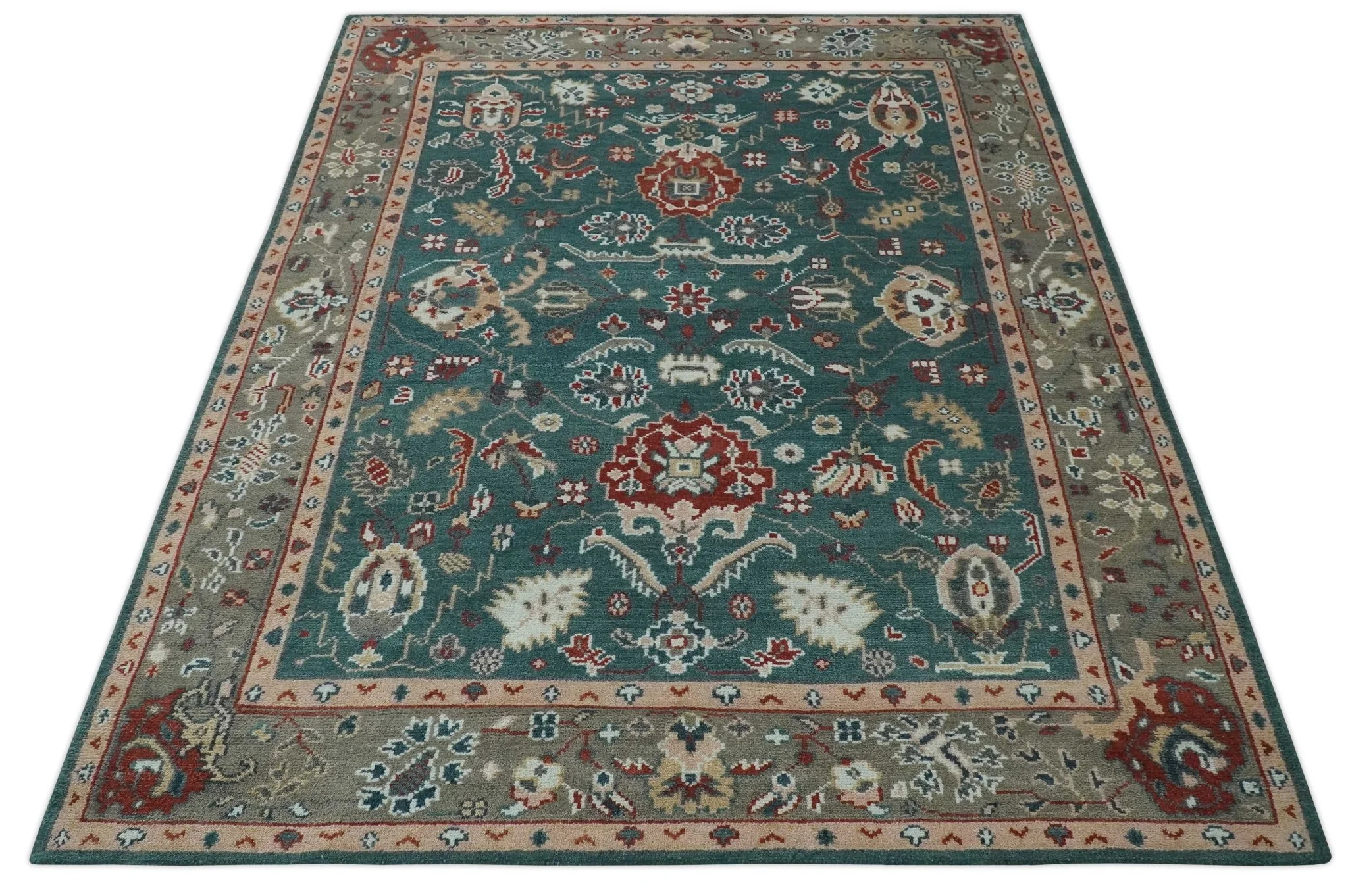Antique Style Floral Teal, Camel and Brown Hand Knotted Oriental Oushak 8x10 wool Area Rug - Image 10