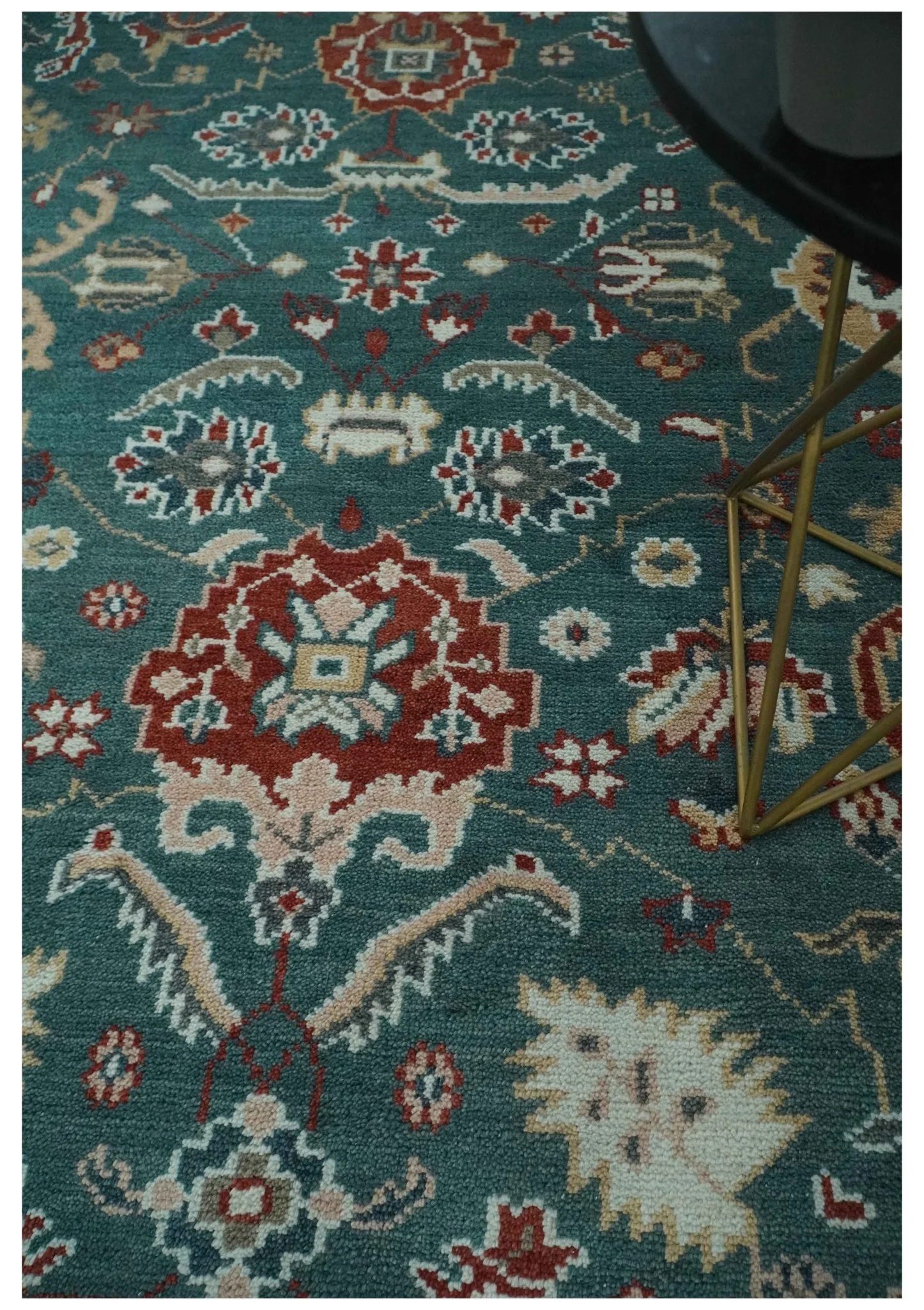Antique Style Floral Teal, Camel and Brown Hand Knotted Oriental Oushak 8x10 wool Area Rug - Image 2