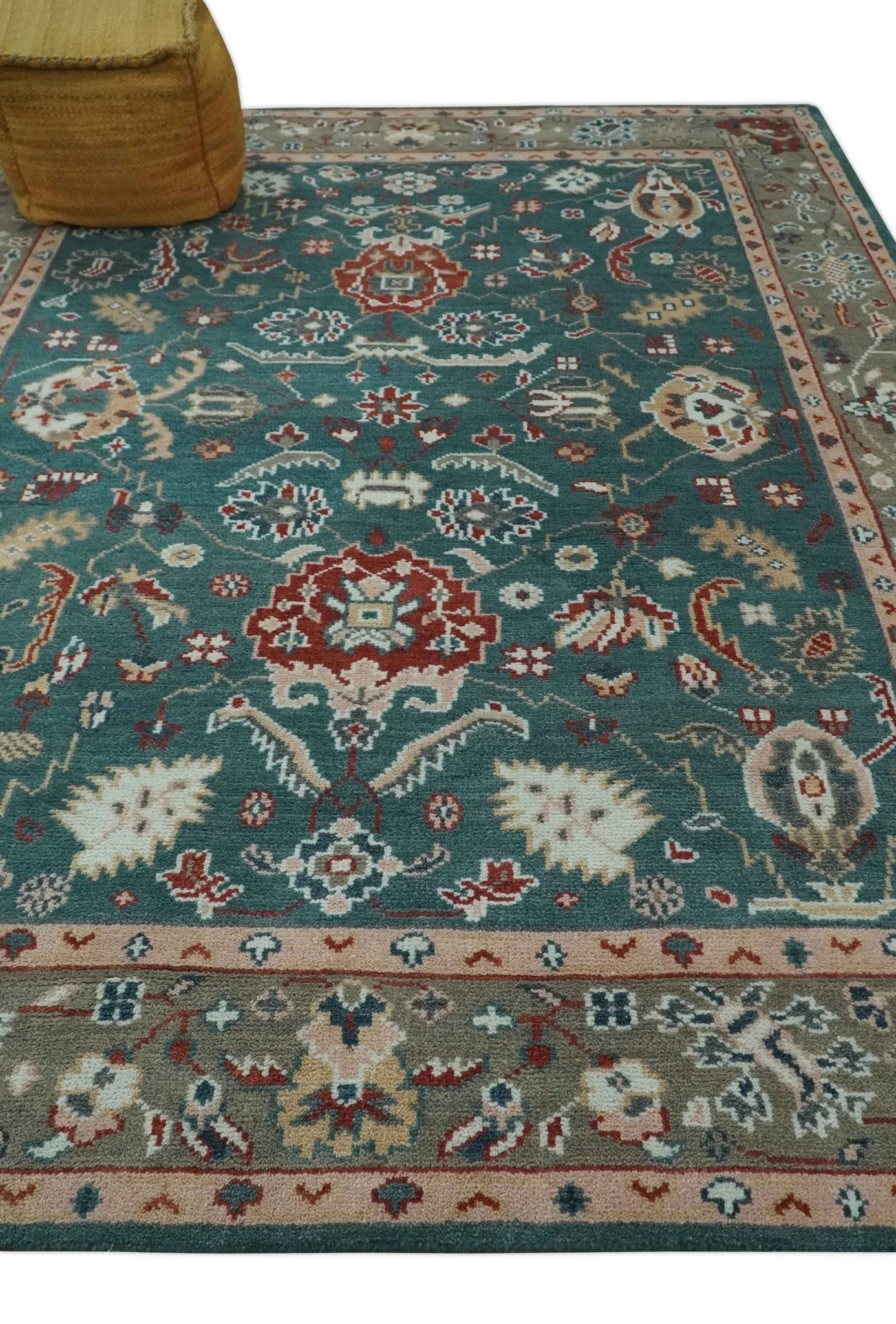 Antique Style Floral Teal, Camel and Brown Hand Knotted Oriental Oushak 8x10 wool Area Rug - Image 3