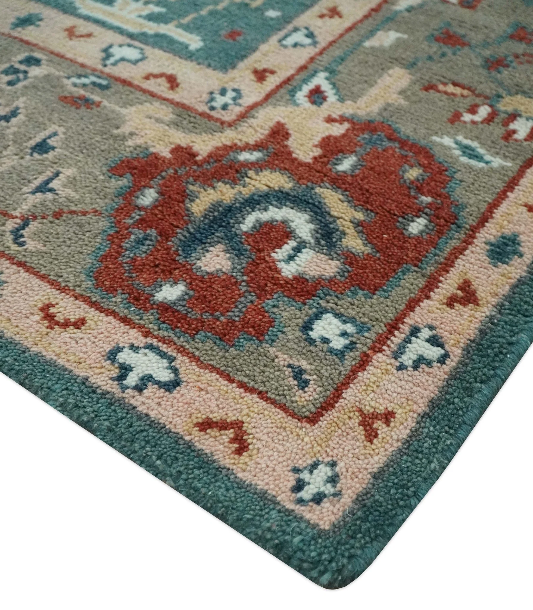 Antique Style Floral Teal, Camel and Brown Hand Knotted Oriental Oushak 8x10 wool Area Rug - Image 5