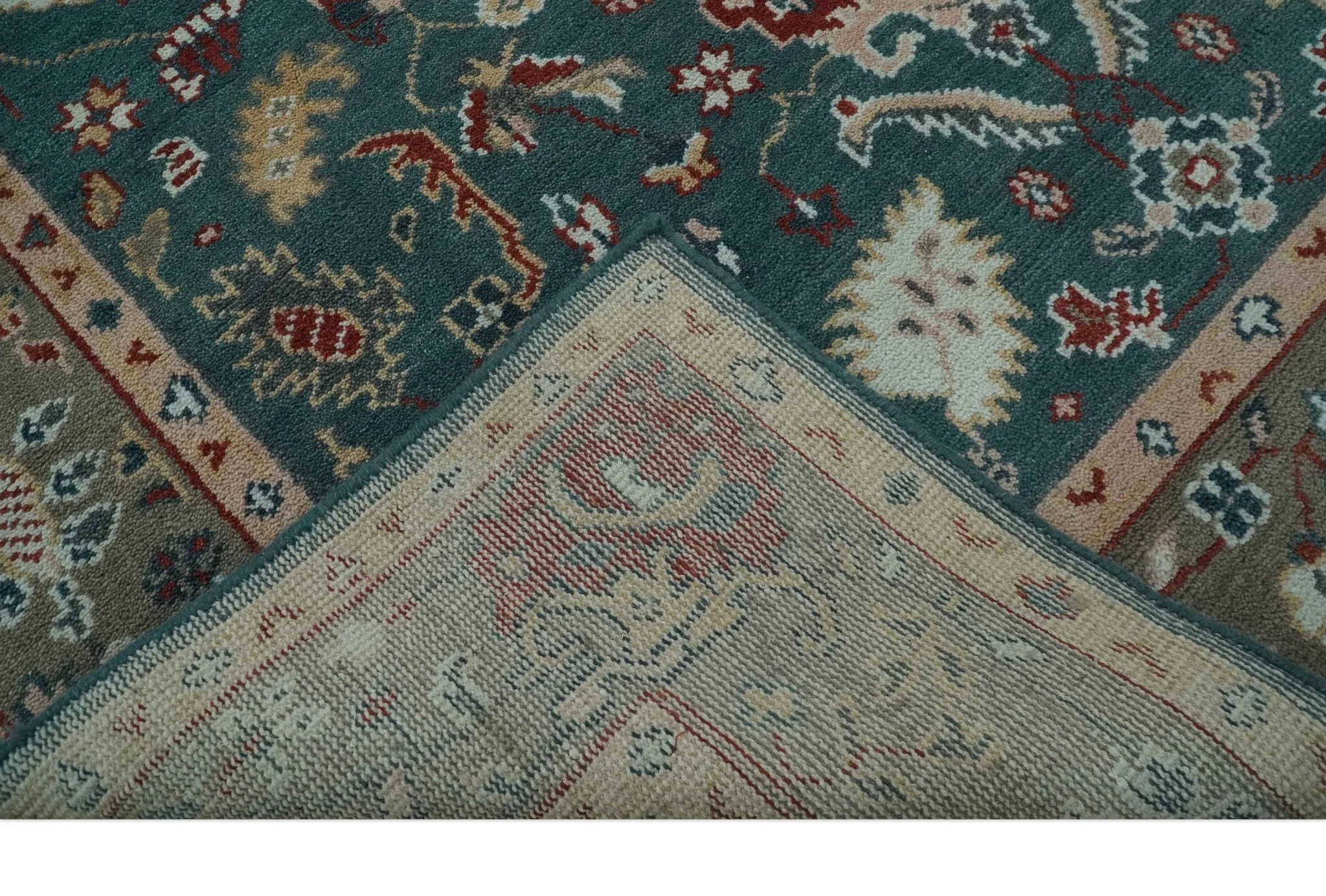 Antique Style Floral Teal, Camel and Brown Hand Knotted Oriental Oushak 8x10 wool Area Rug - Image 7