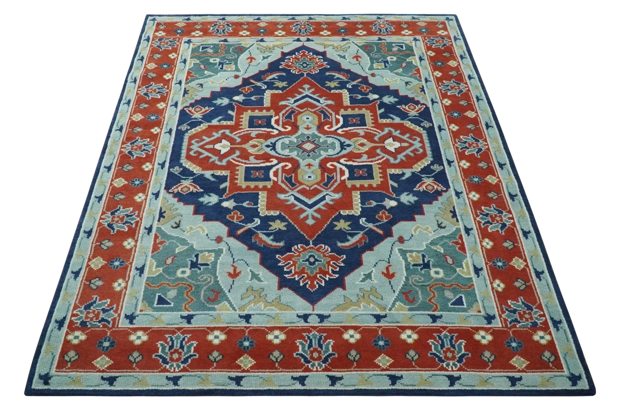 Traditional Heriz Brown, Blue and Gray Hand Knotted Custom Made Wool Area Rug - Image 11
