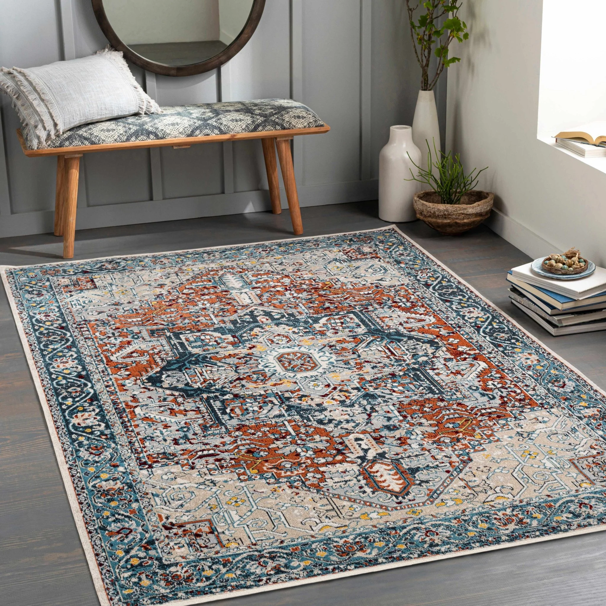 Traditional Floral Vintage Style Blue, Rust, Beige and Ivory Washable Rug - Image 2
