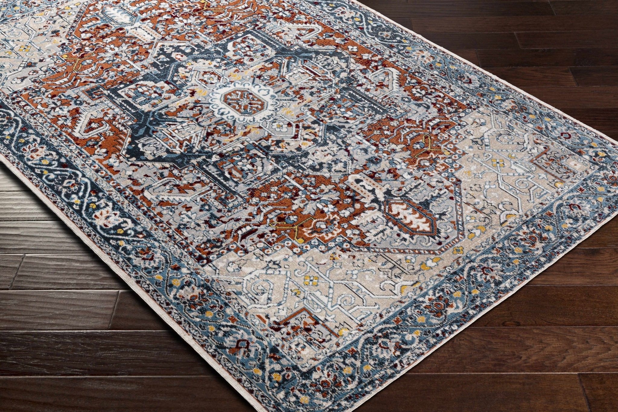 Traditional Floral Vintage Style Blue, Rust, Beige and Ivory Washable Rug - Image 3