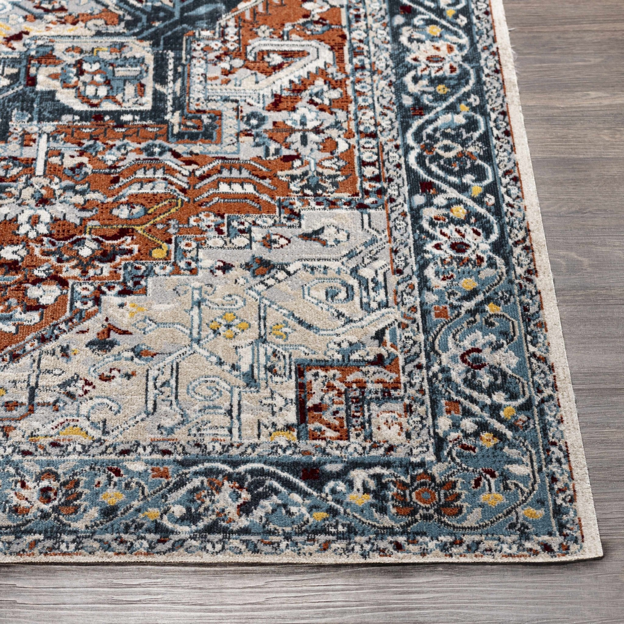 Traditional Floral Vintage Style Blue, Rust, Beige and Ivory Washable Rug - Image 4