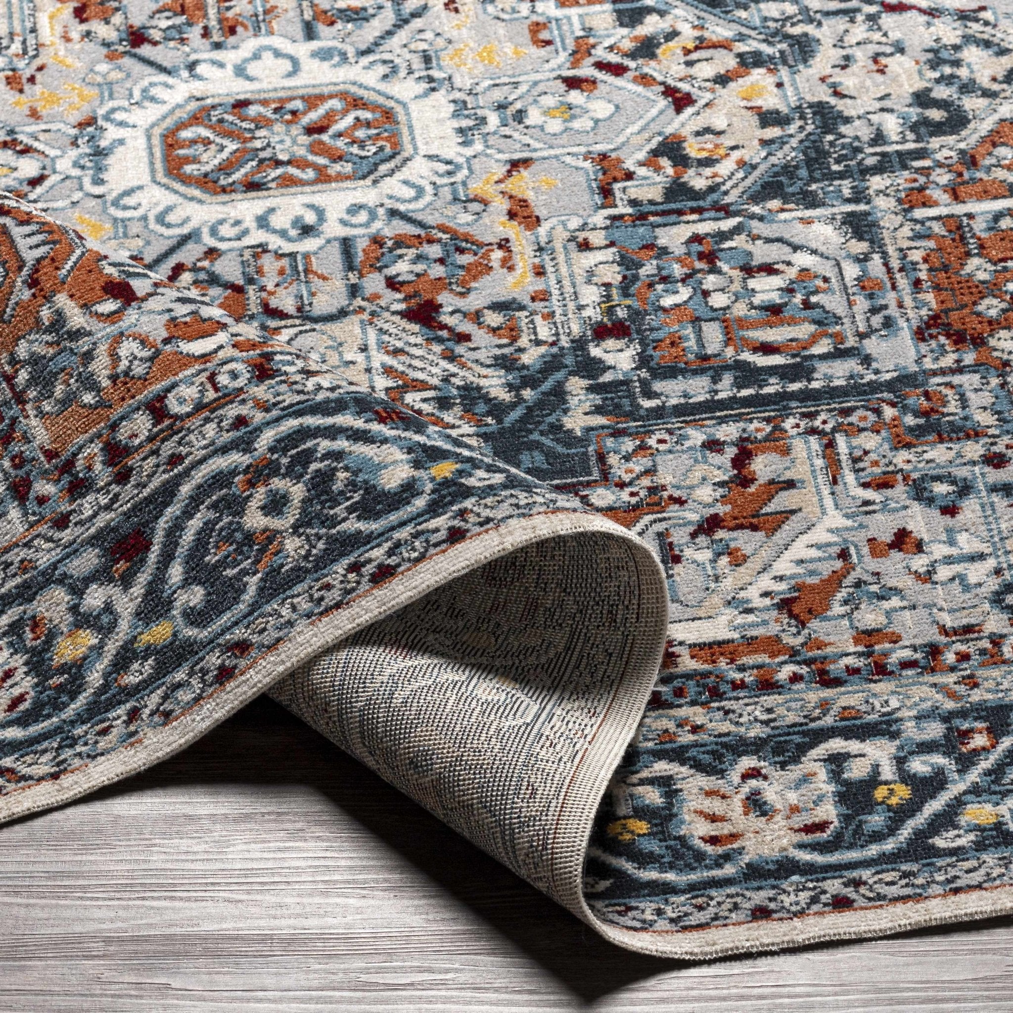 Traditional Floral Vintage Style Blue, Rust, Beige and Ivory Washable Rug - Image 5