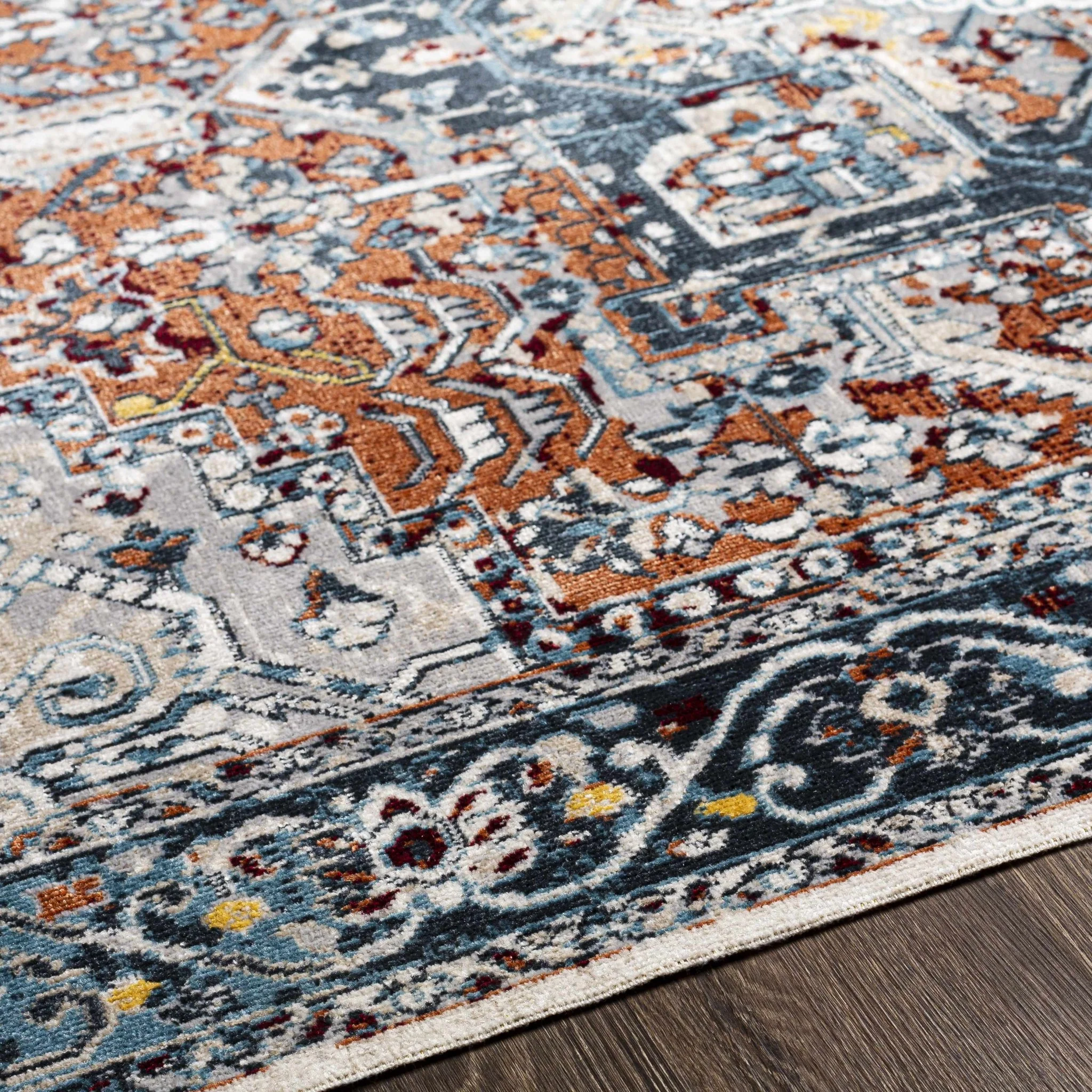 Traditional Floral Vintage Style Blue, Rust, Beige and Ivory Washable Rug - Image 6