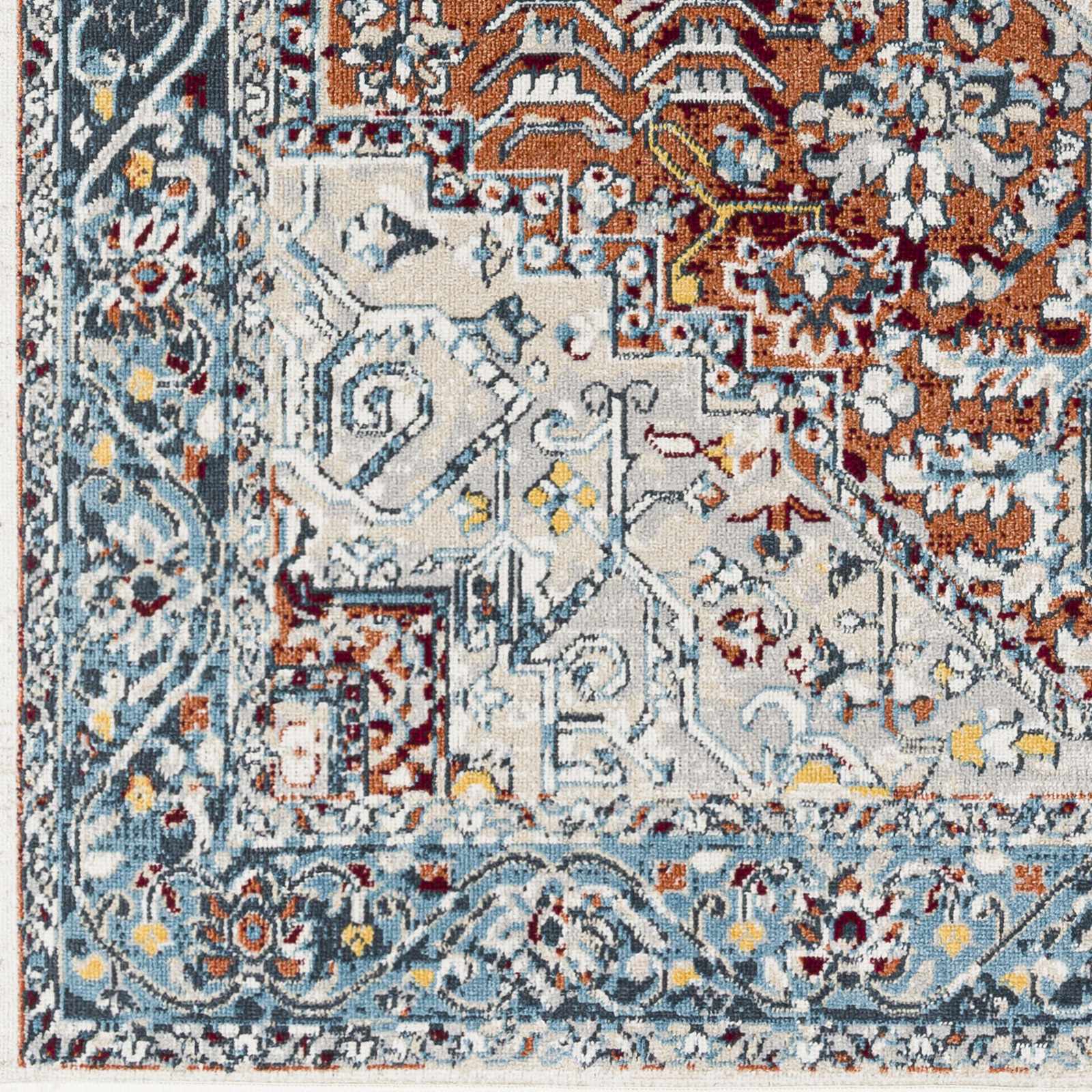 Traditional Floral Vintage Style Blue, Rust, Beige and Ivory Washable Rug - Image 7