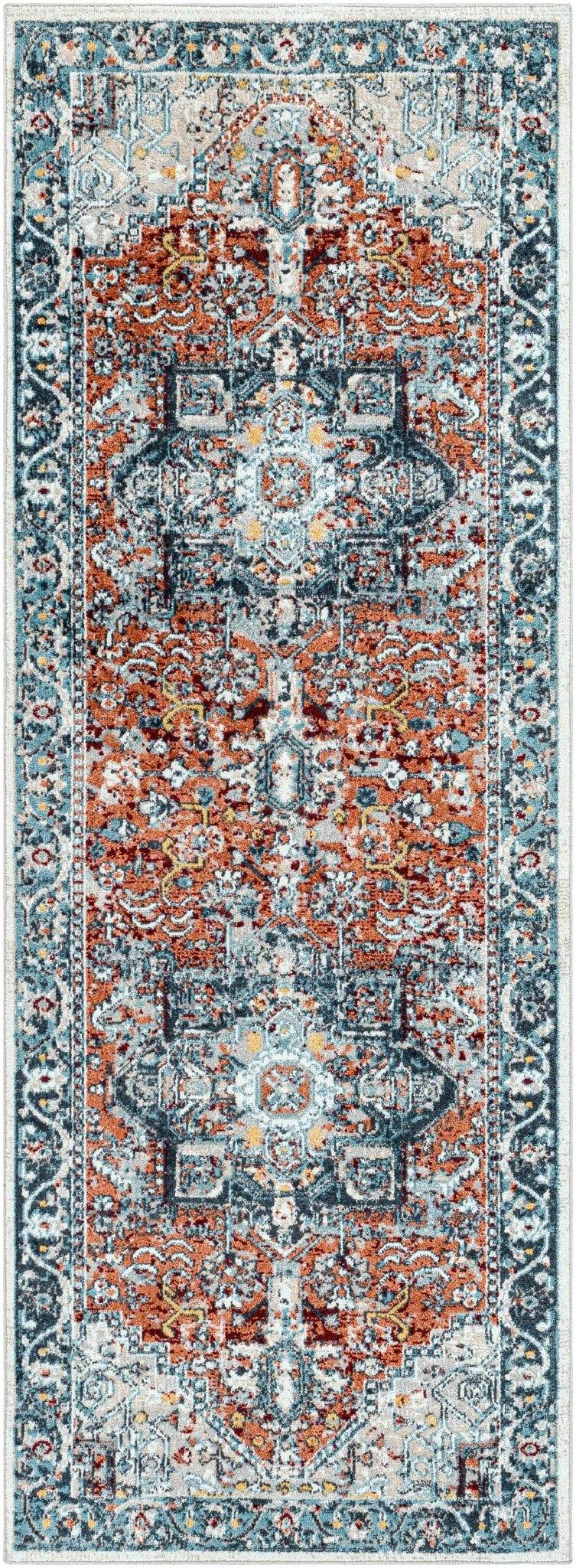 Traditional Floral Vintage Style Blue, Rust, Beige and Ivory Washable Rug - Image 8