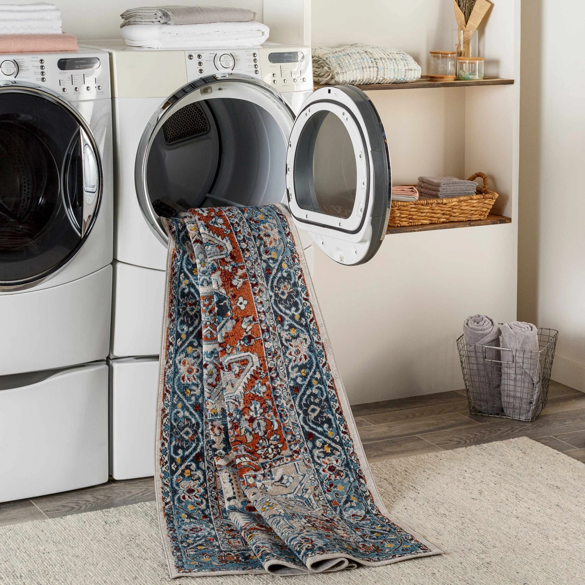 Traditional Floral Vintage Style Blue, Rust, Beige and Ivory Washable Rug - Image 9