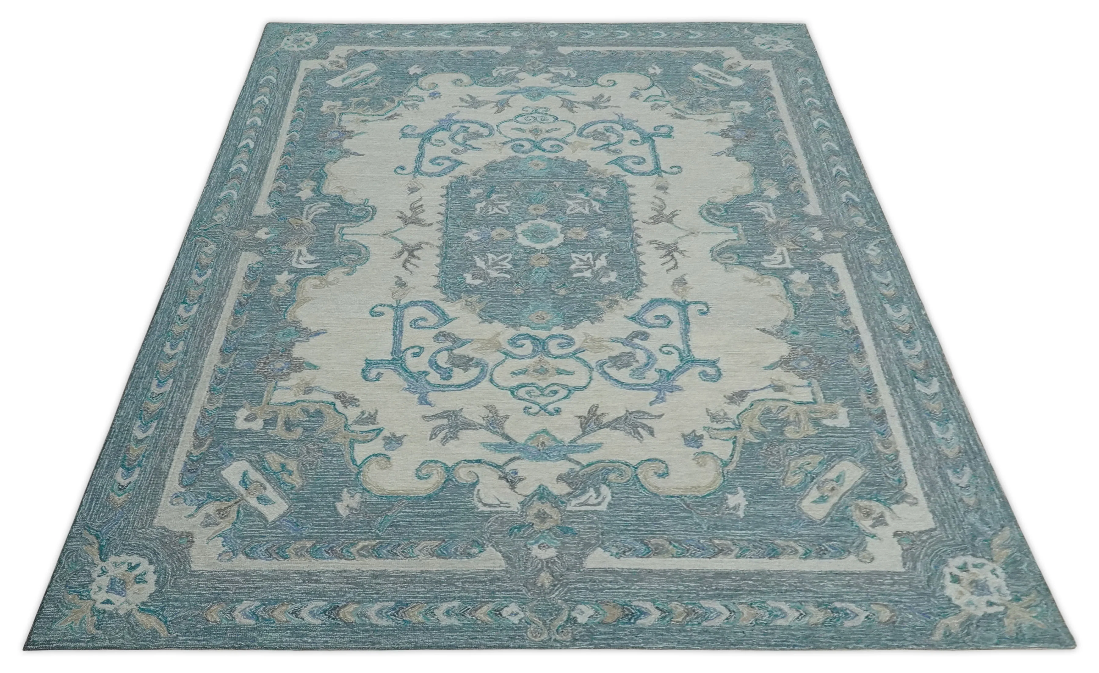 French Design Aubusson 8x10 Ivory and Blue Hand Tufted Wool Area Rug - Image 10