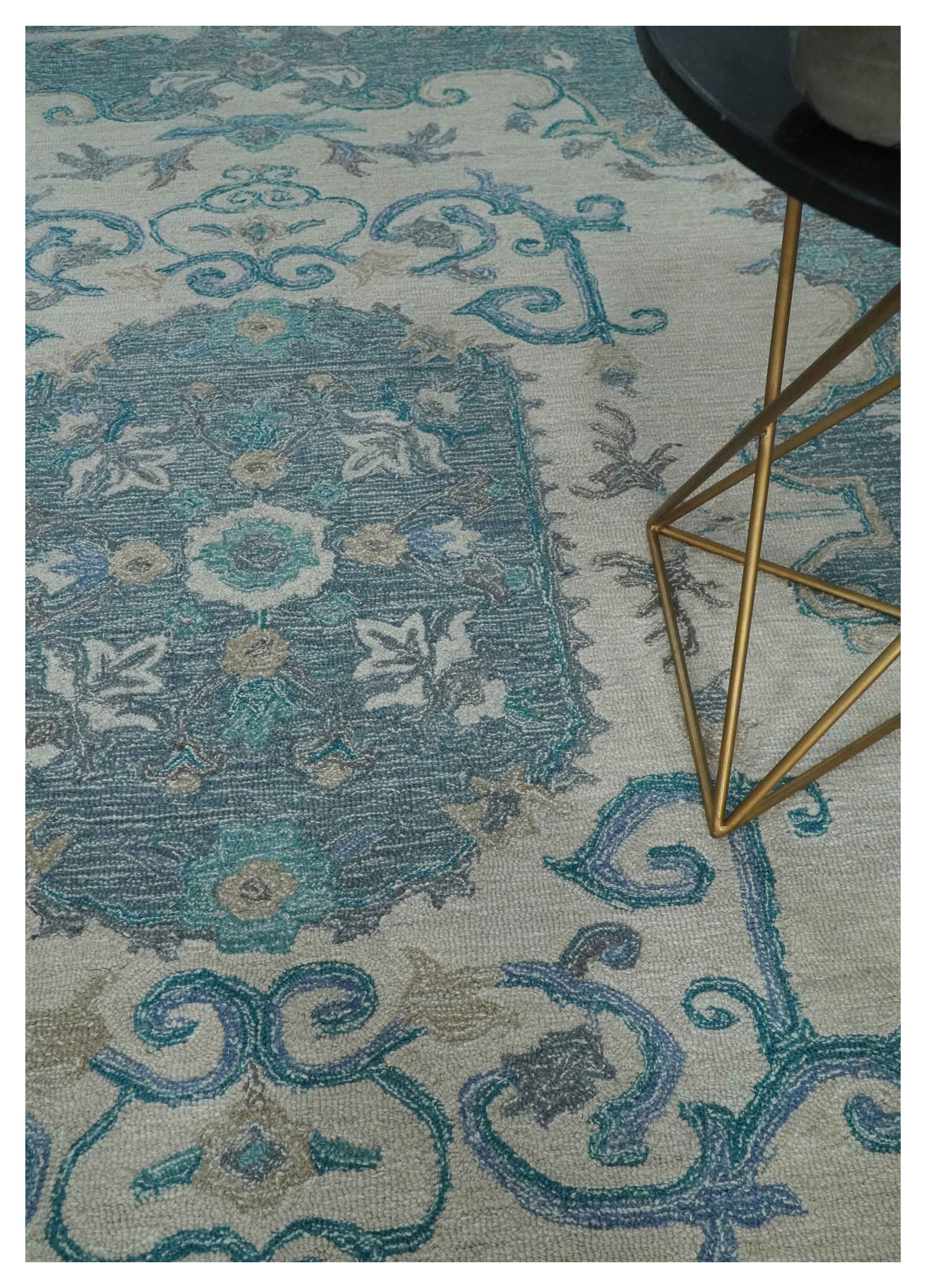 French Design Aubusson 8x10 Ivory and Blue Hand Tufted Wool Area Rug - Image 2