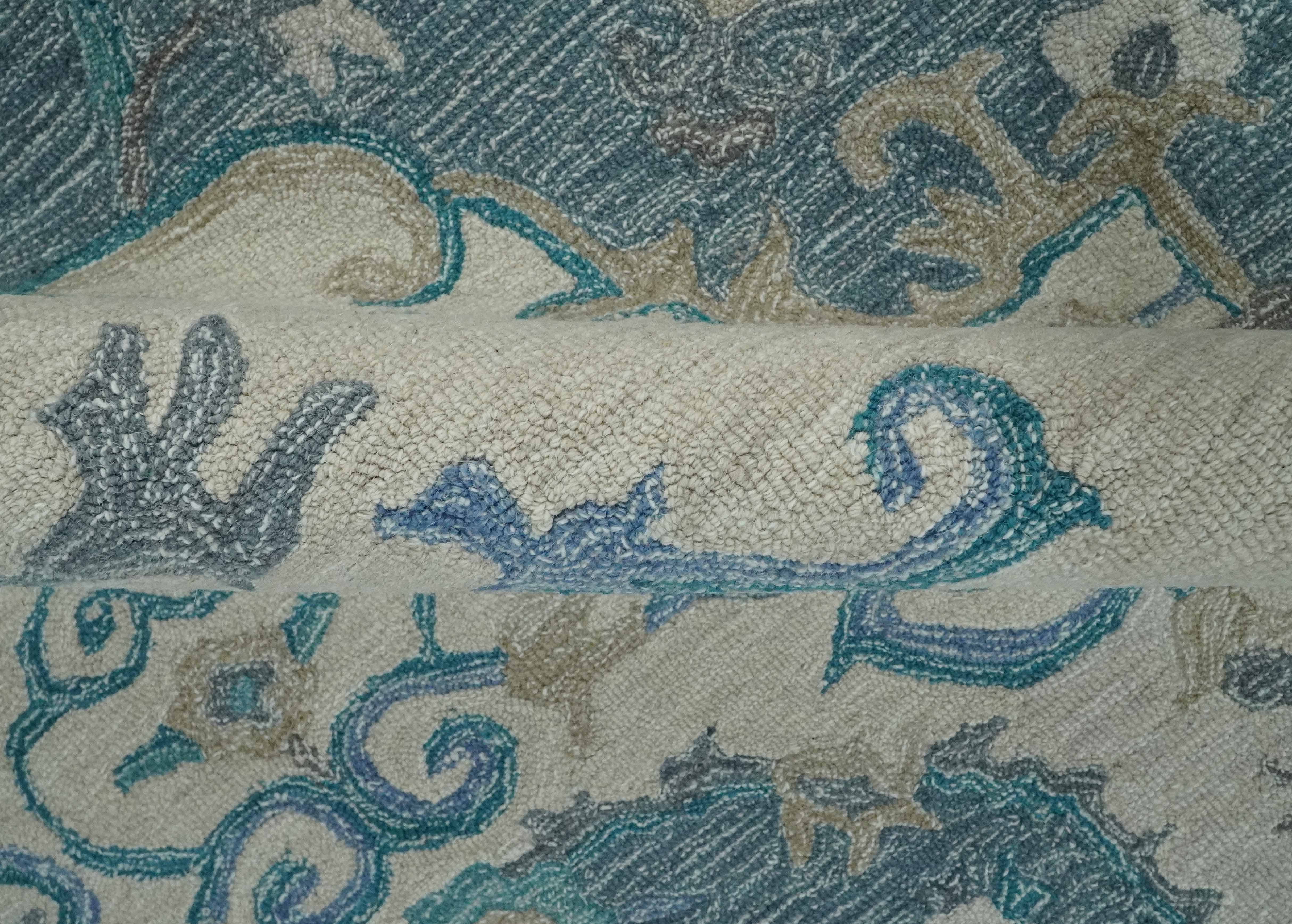 French Design Aubusson 8x10 Ivory and Blue Hand Tufted Wool Area Rug - Image 6
