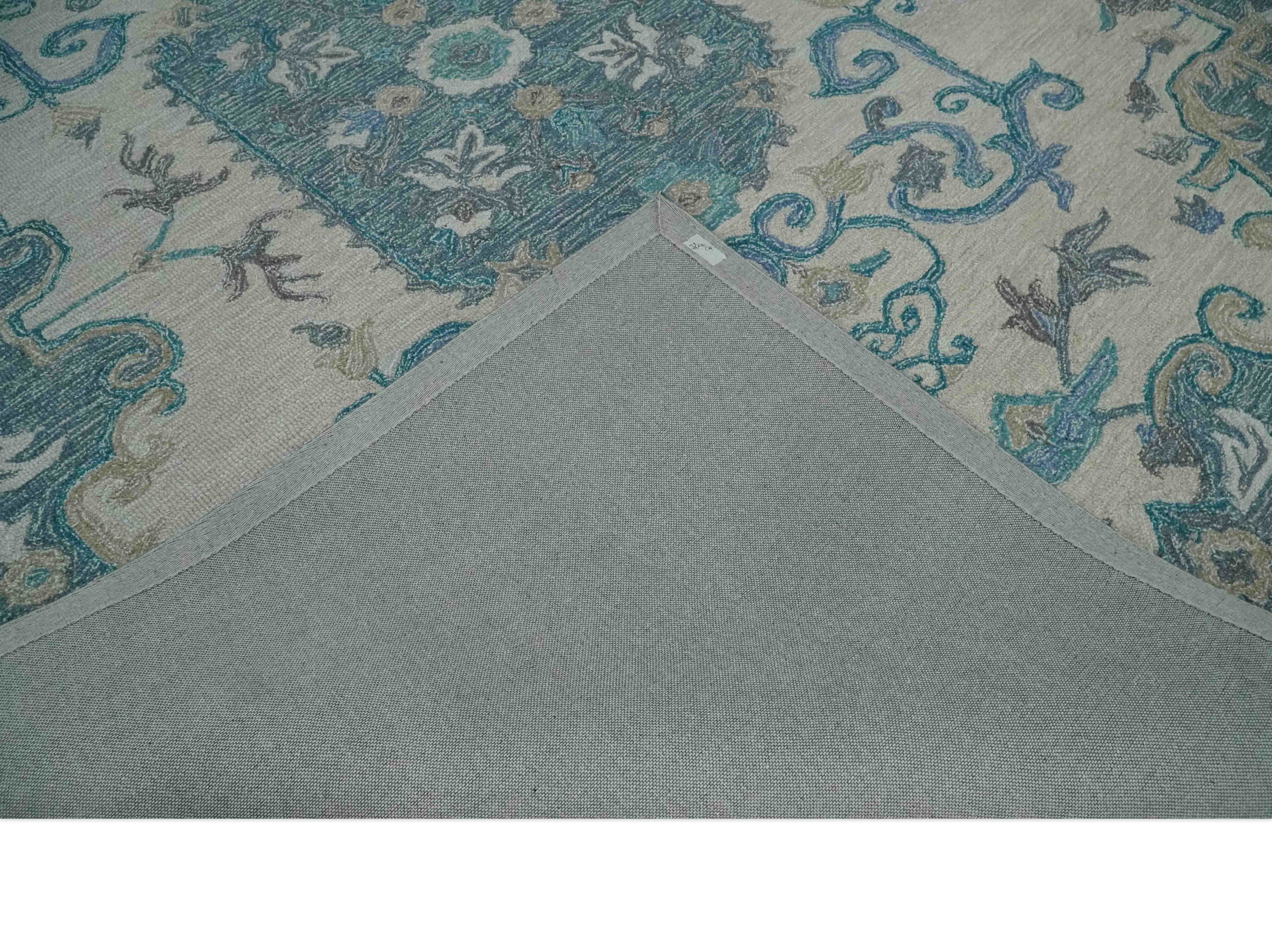 French Design Aubusson 8x10 Ivory and Blue Hand Tufted Wool Area Rug - Image 7