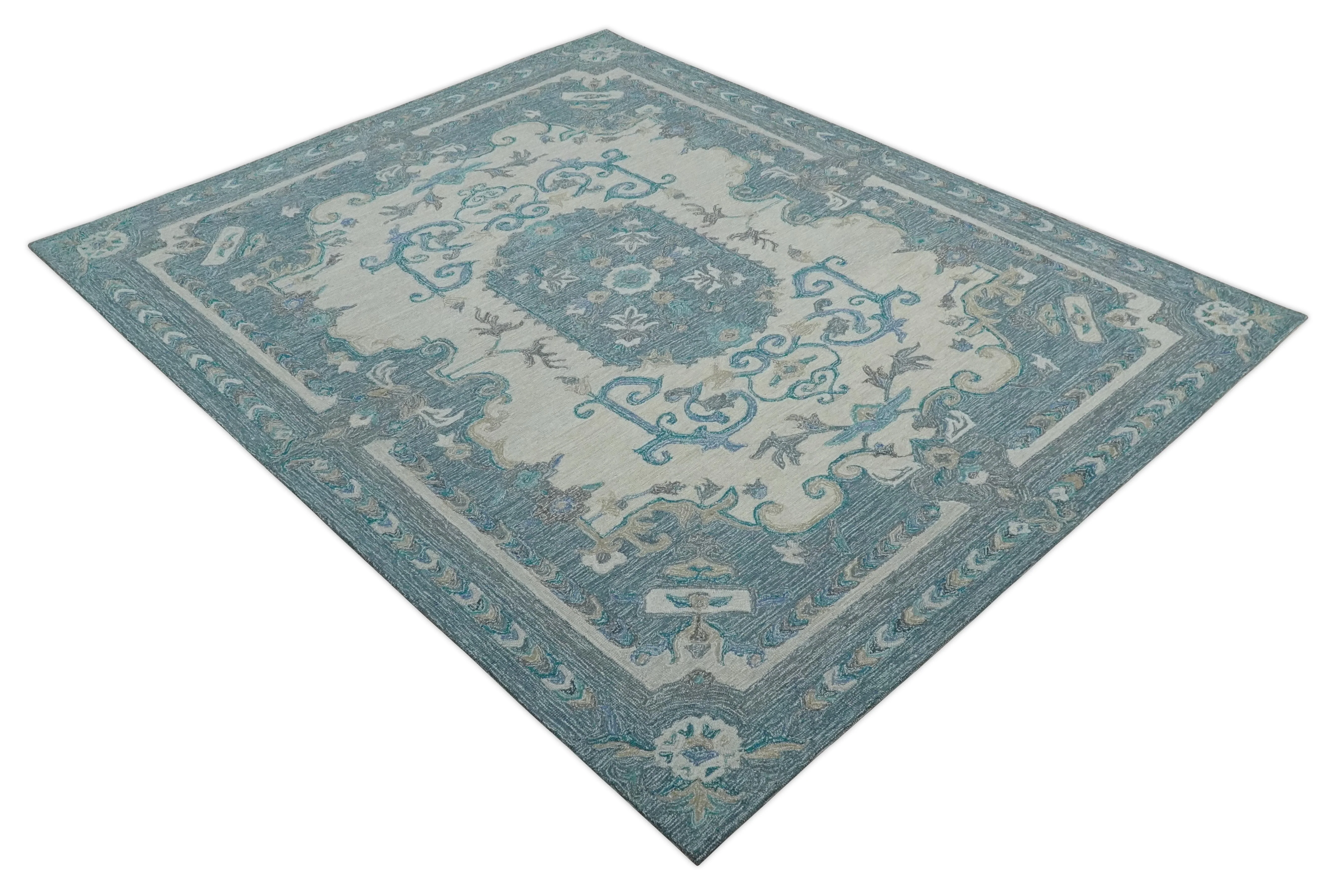 French Design Aubusson 8x10 Ivory and Blue Hand Tufted Wool Area Rug - Image 9