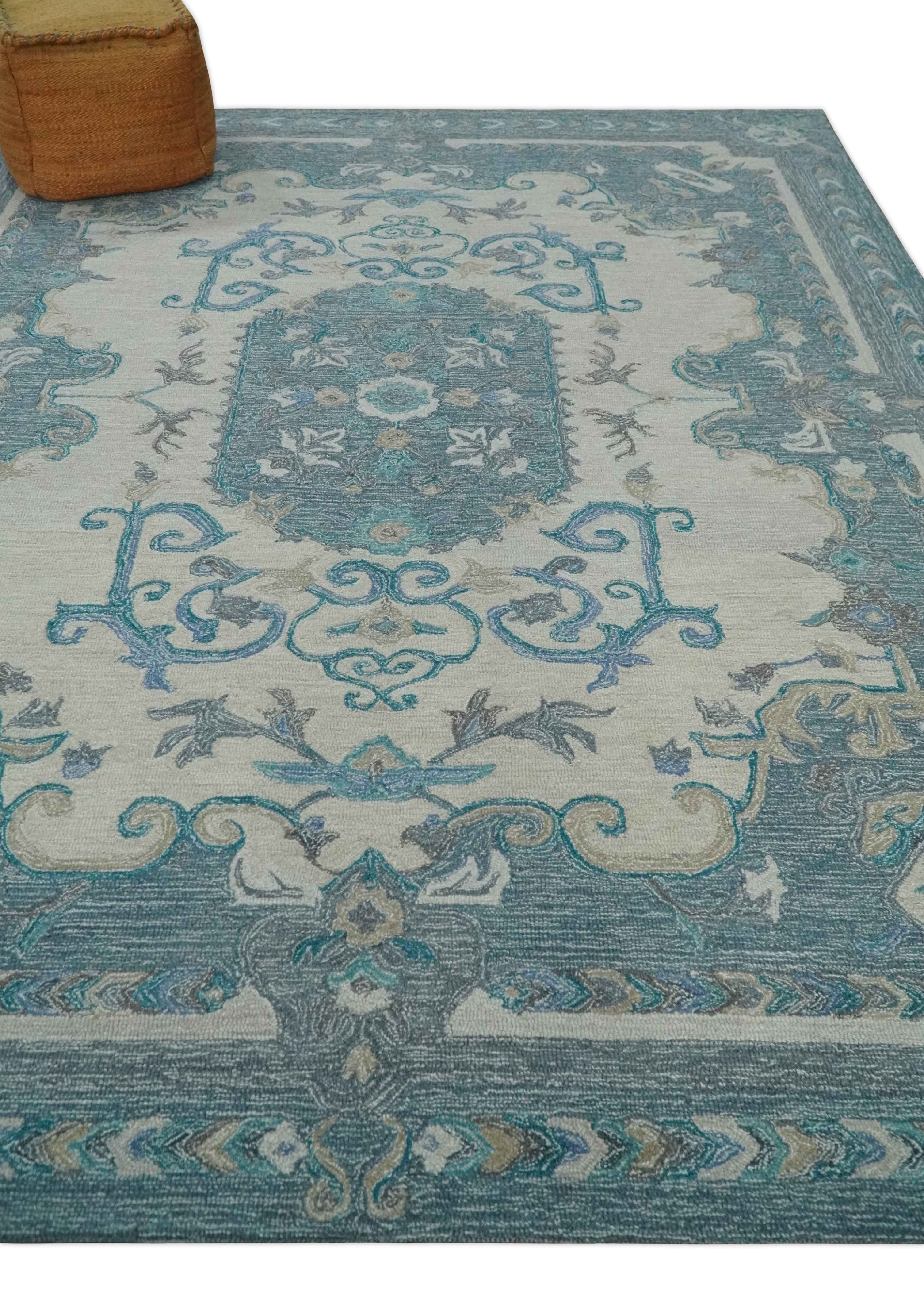 French Design Aubusson Custom Made Ivory and Blue Hand Tufted Wool Area Rug - Image 3