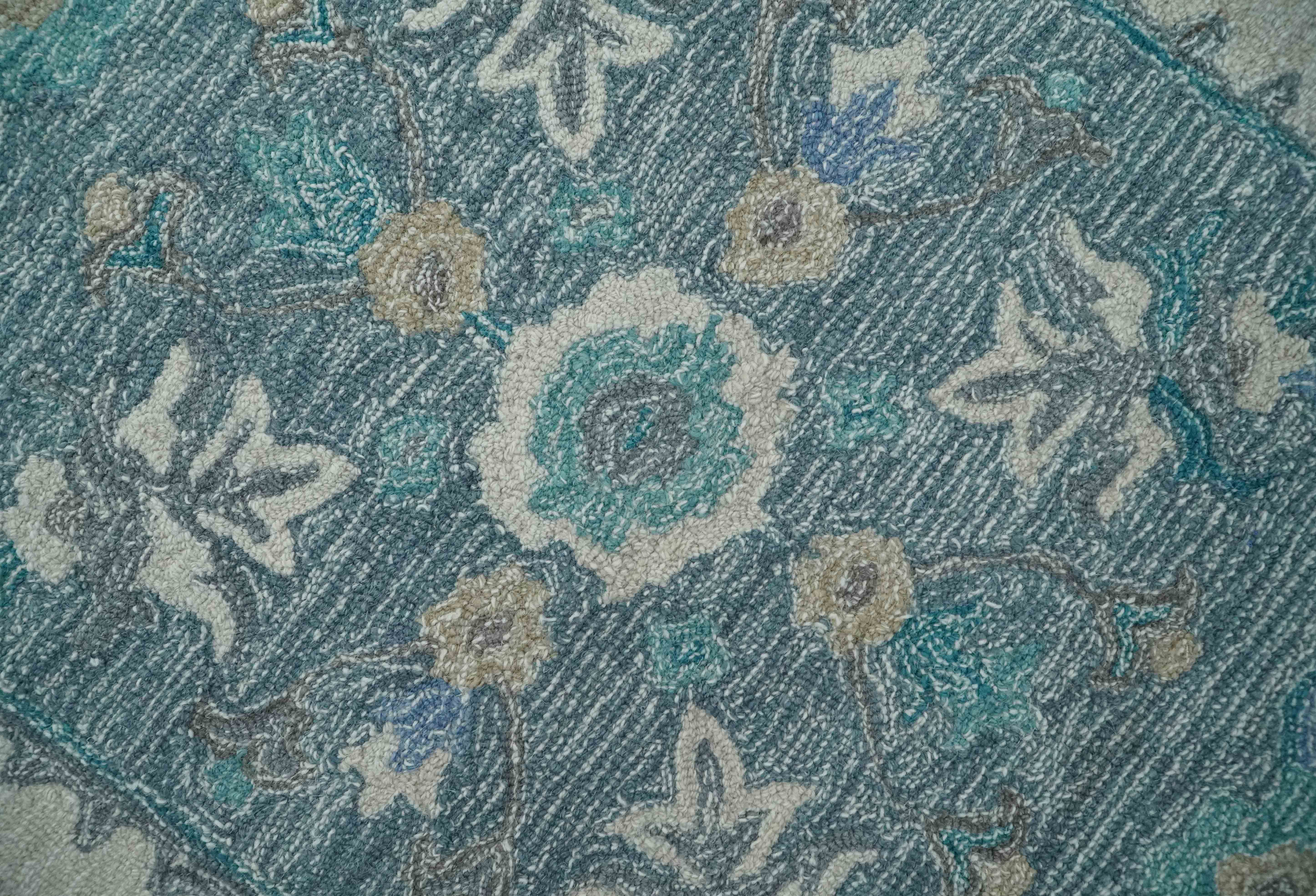 French Design Aubusson Custom Made Ivory and Blue Hand Tufted Wool Area Rug - Image 4