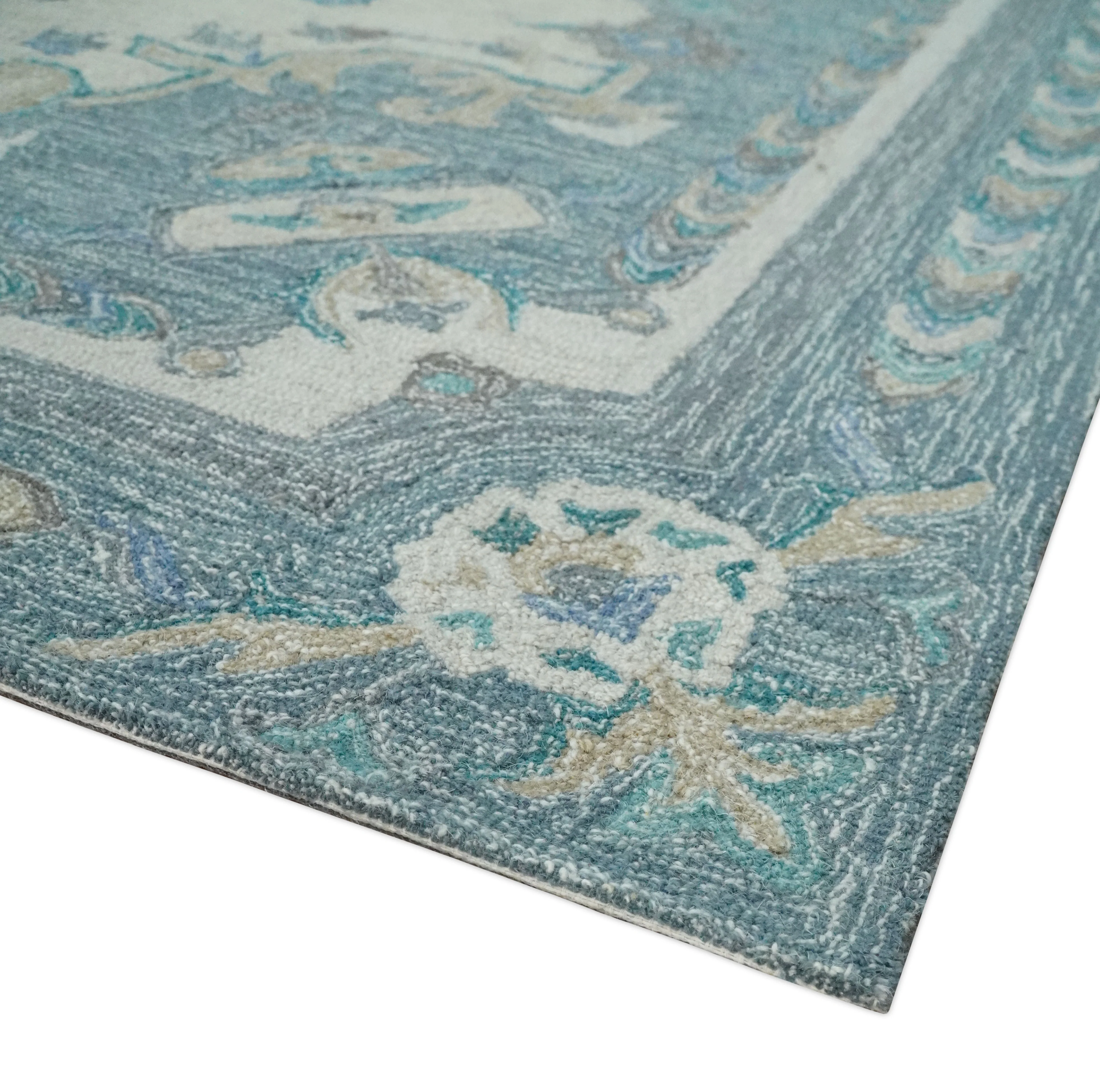 French Design Aubusson Custom Made Ivory and Blue Hand Tufted Wool Area Rug - Image 5