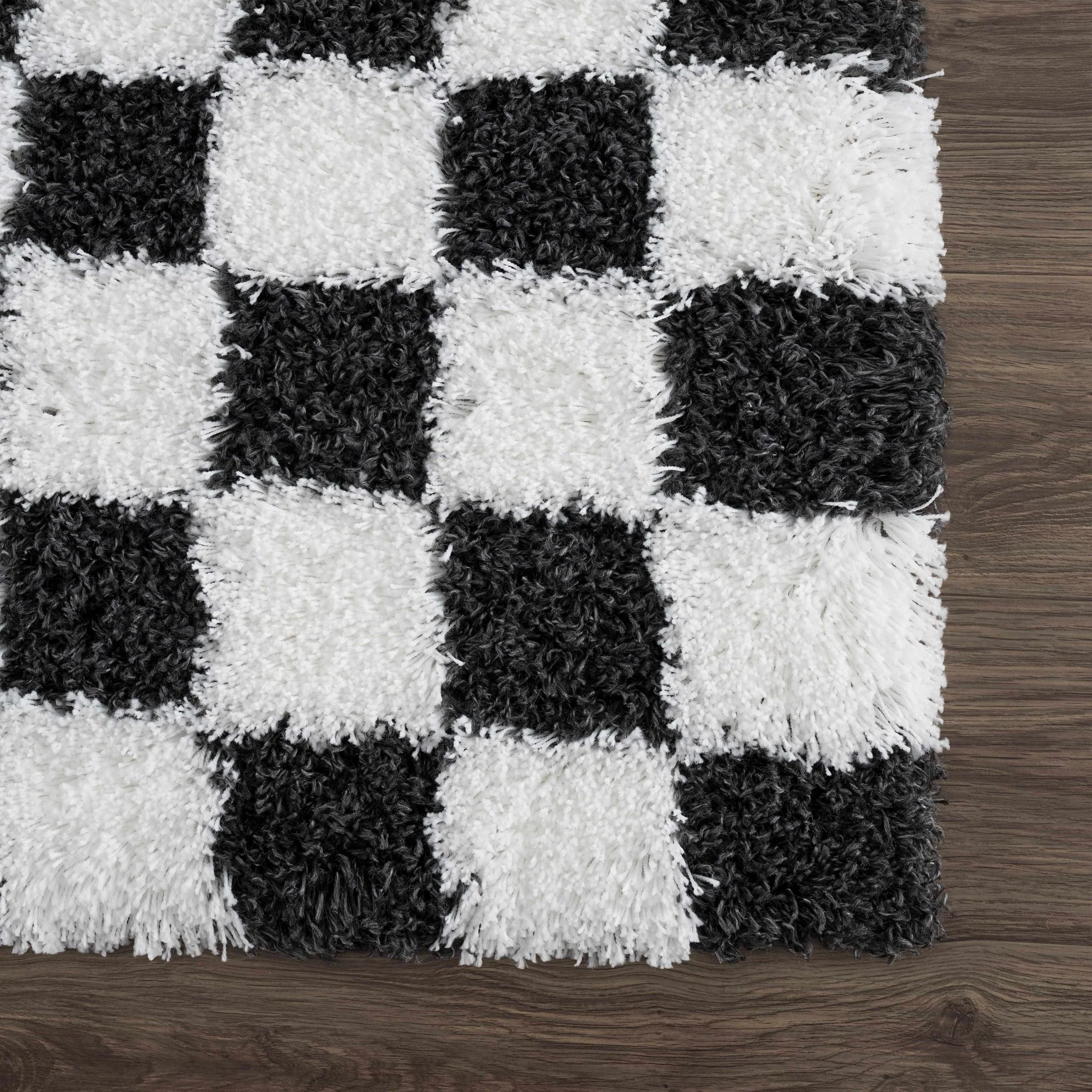 Modern geometric Black and White Checkboard style Plush pile Area Rug - Image 13