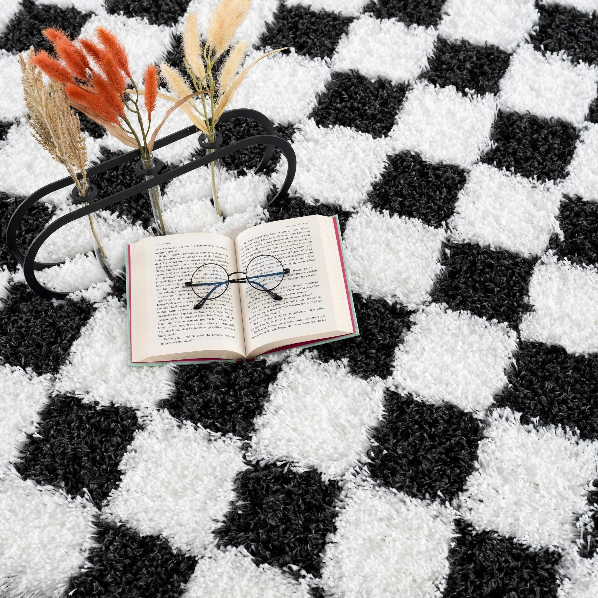 Modern geometric Black and White Checkboard style Plush pile Area Rug - Image 15