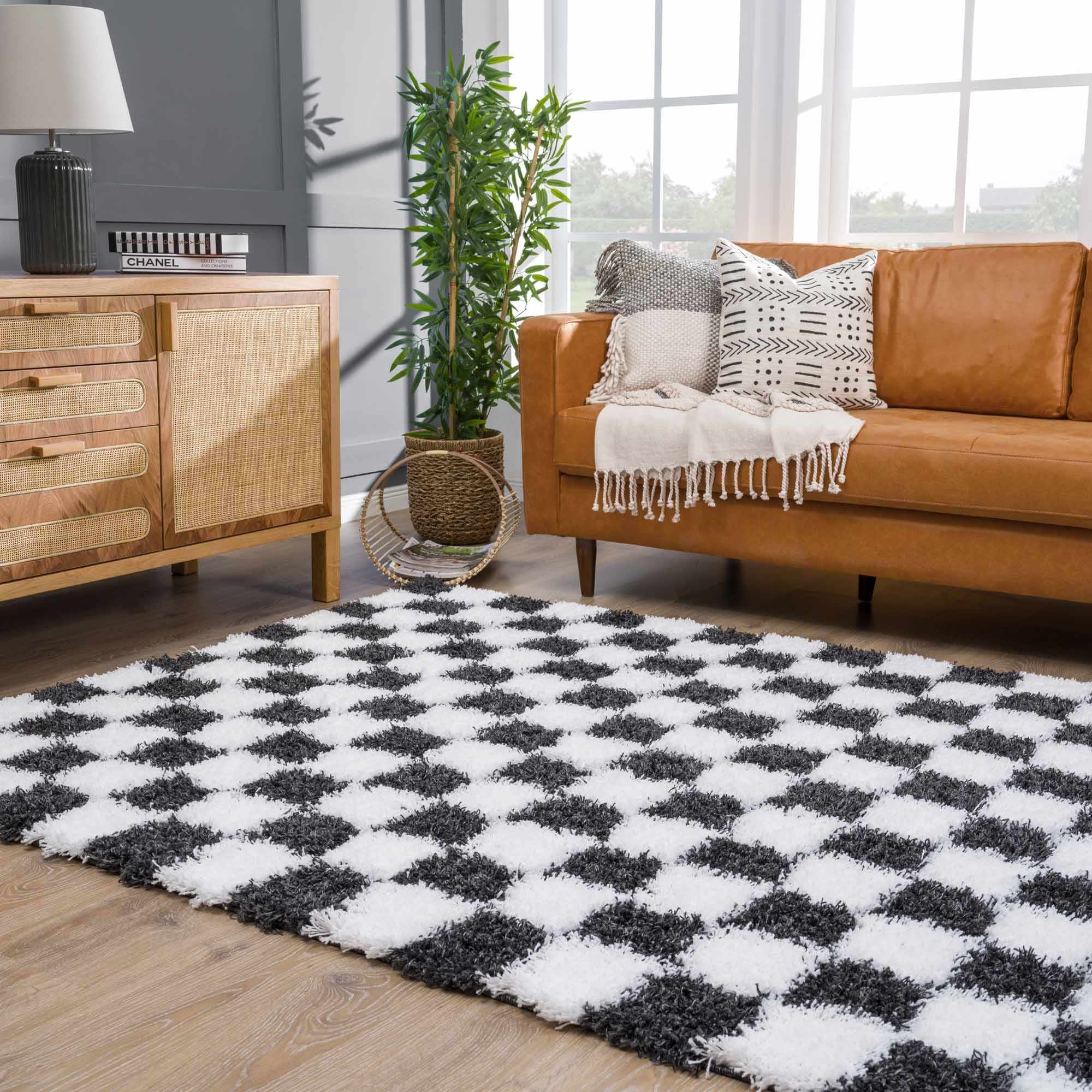 Modern geometric Black and White Checkboard style Plush pile Area Rug - Image 17