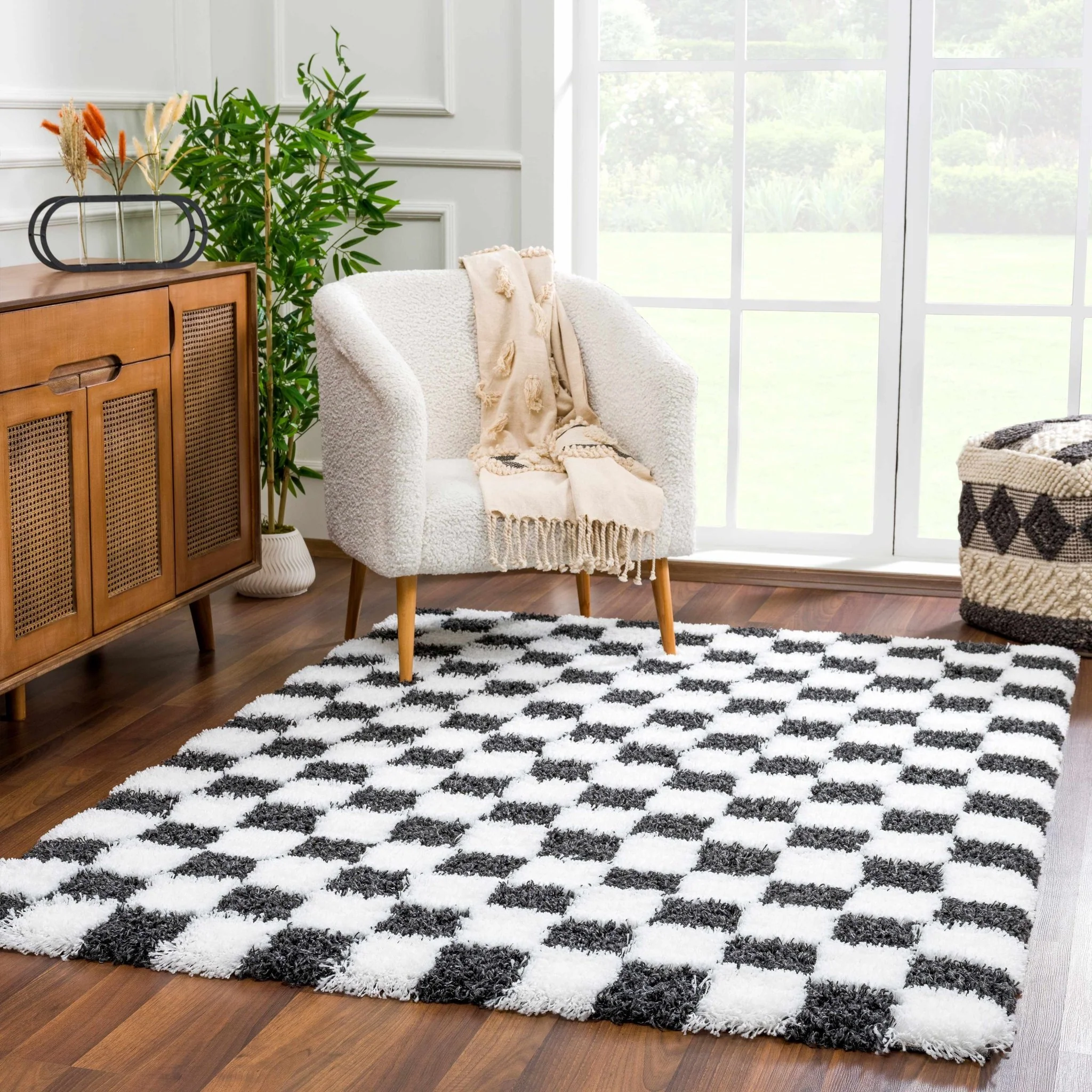 Modern geometric Black and White Checkboard style Plush pile Area Rug - Image 18