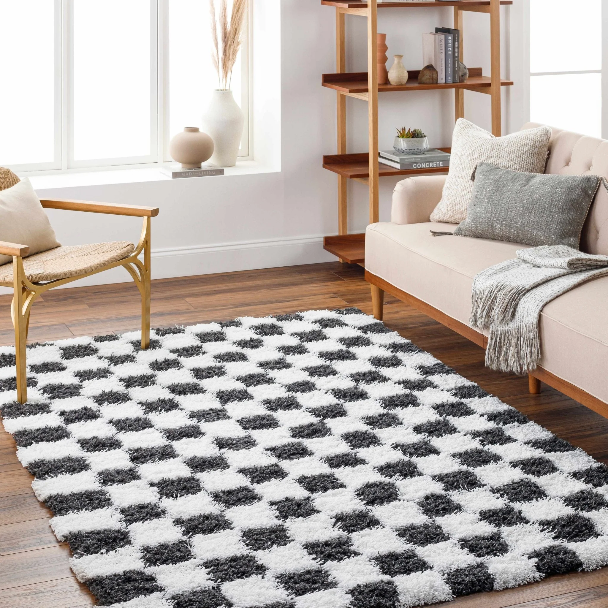 Modern geometric Black and White Checkboard style Plush pile Area Rug - Image 5