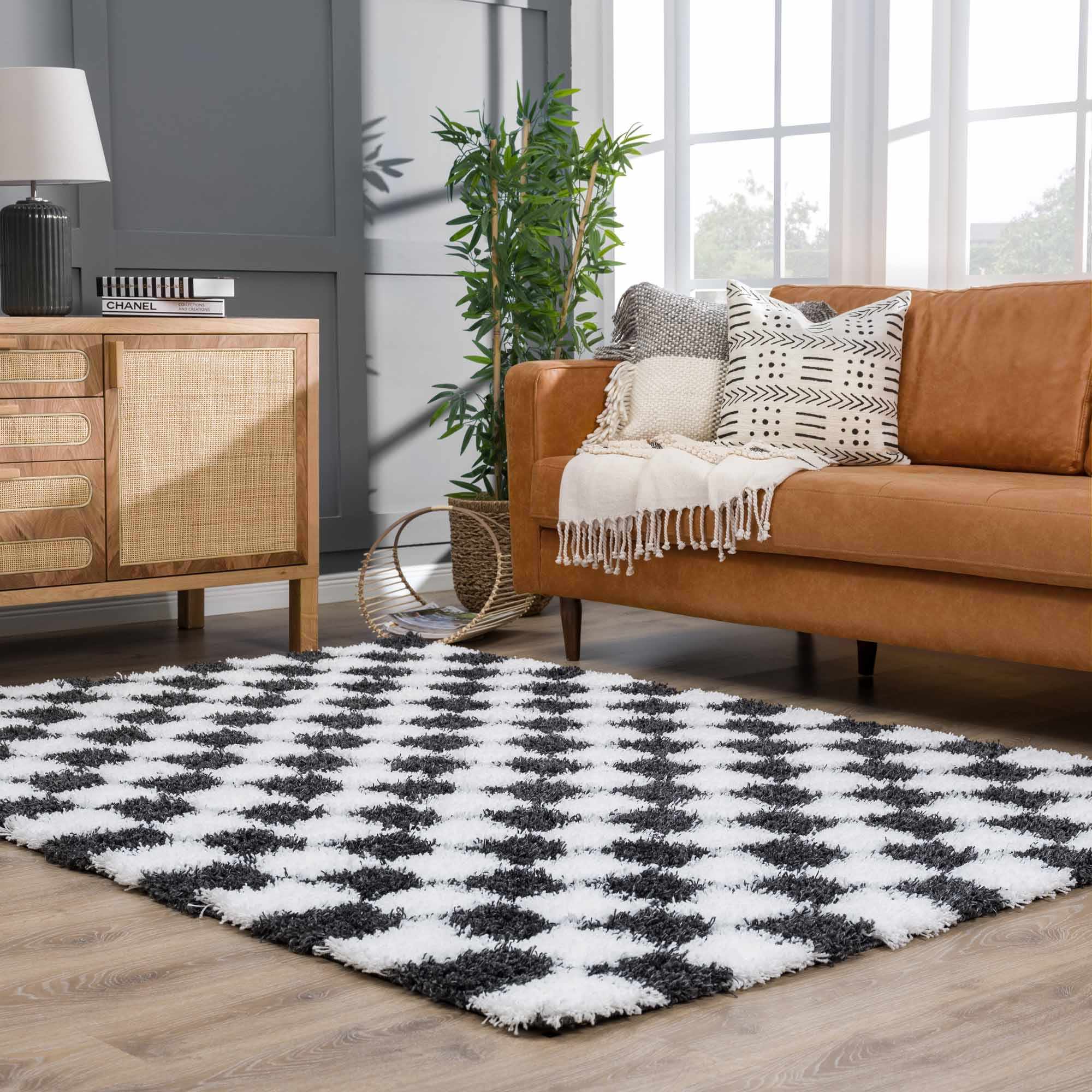 Modern geometric Black and White Checkboard style Plush pile Area Rug - Image 7