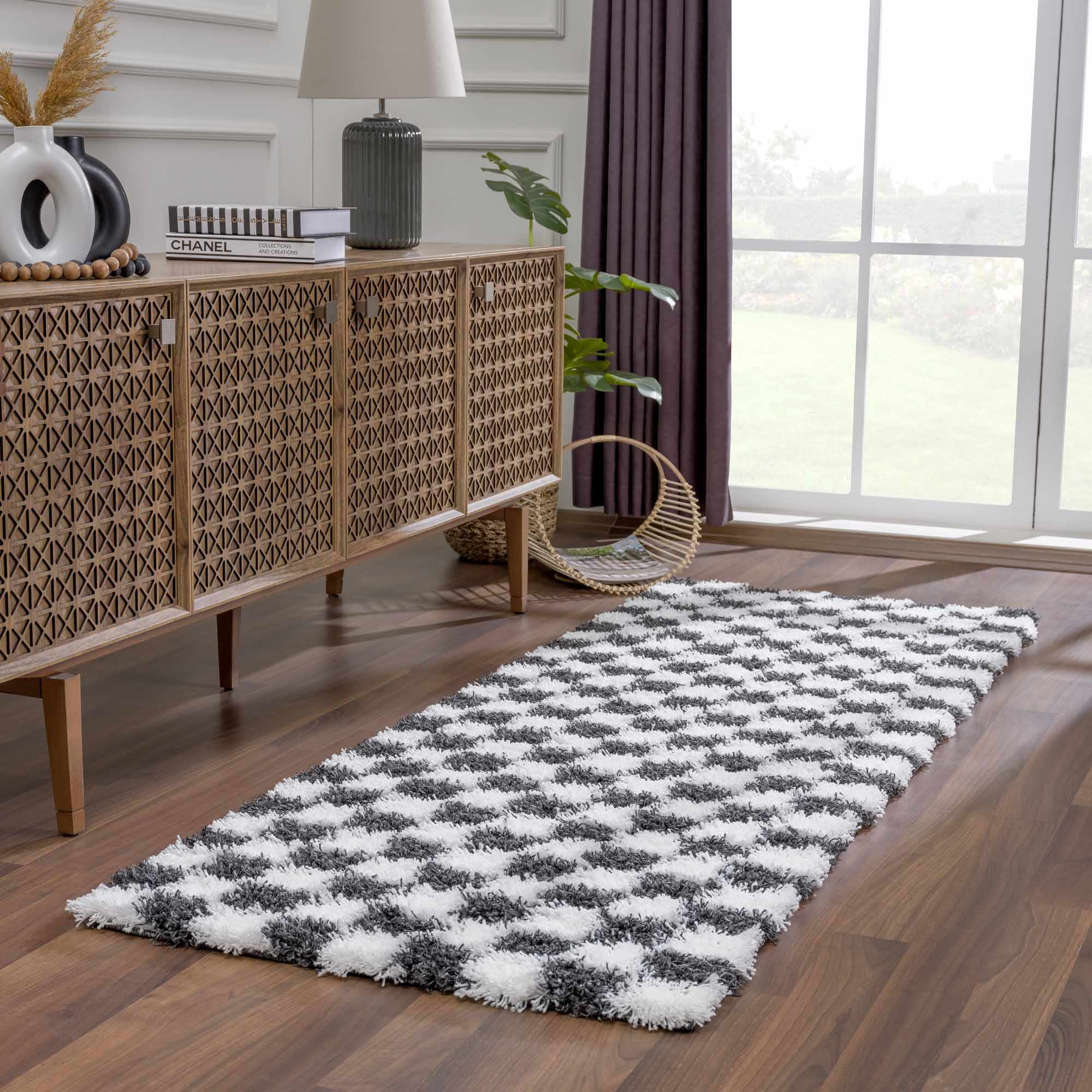 Modern geometric Black and White Checkboard style Plush pile Area Rug - Image 8