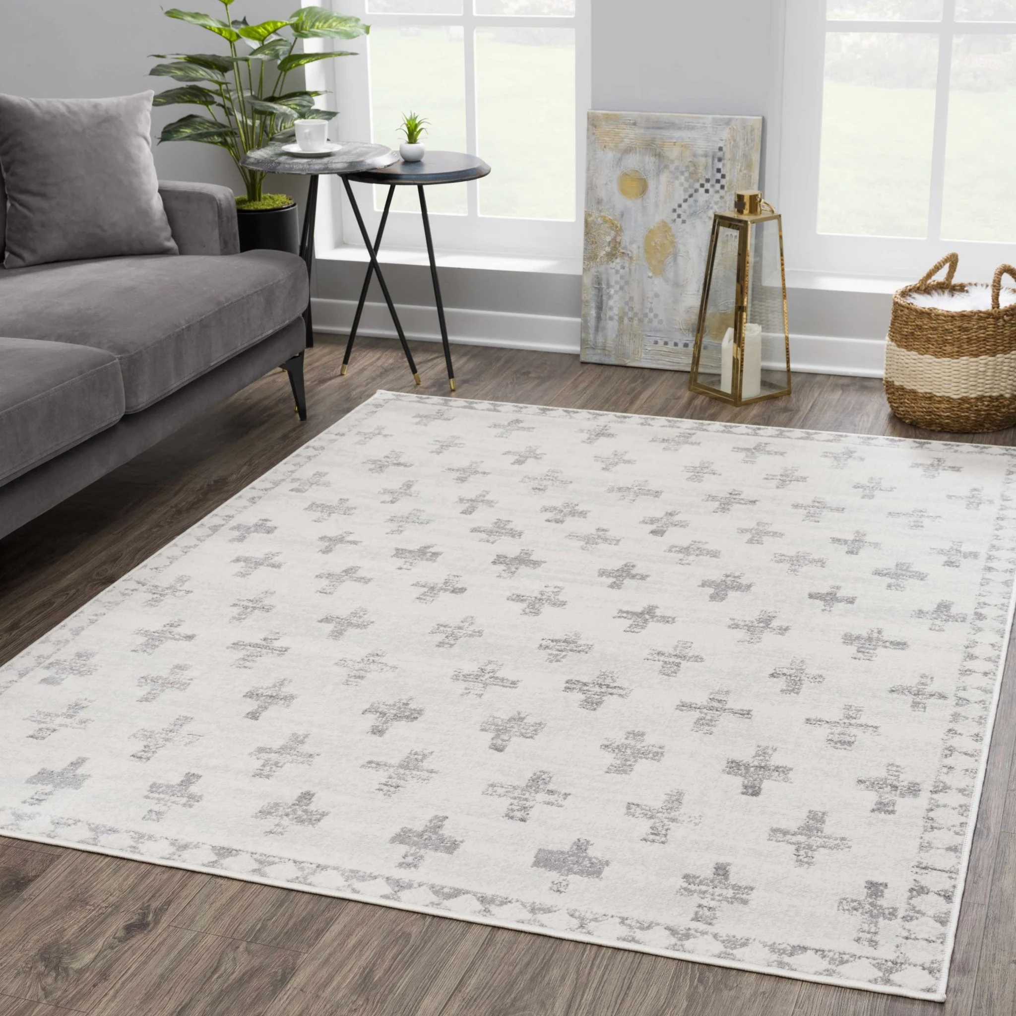 Contemporary Geometric Ivory and Gray Medium pile multi size Area Rug - Image 5