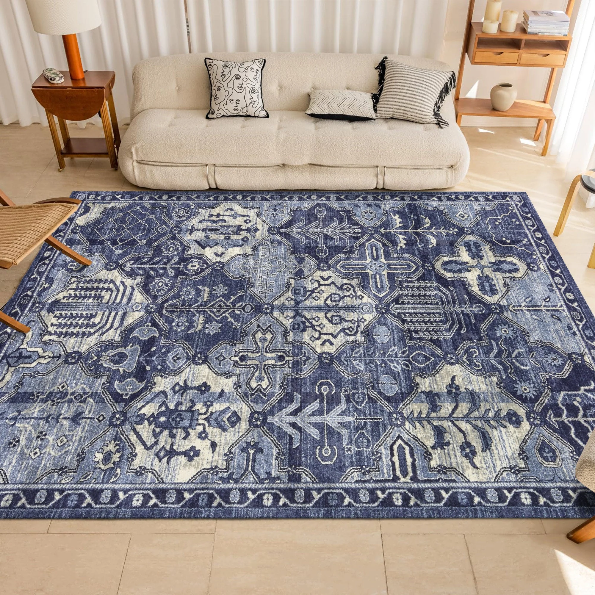 Geometric Patchwork Blue Machine Washable Cotton Area Rug - Image 3