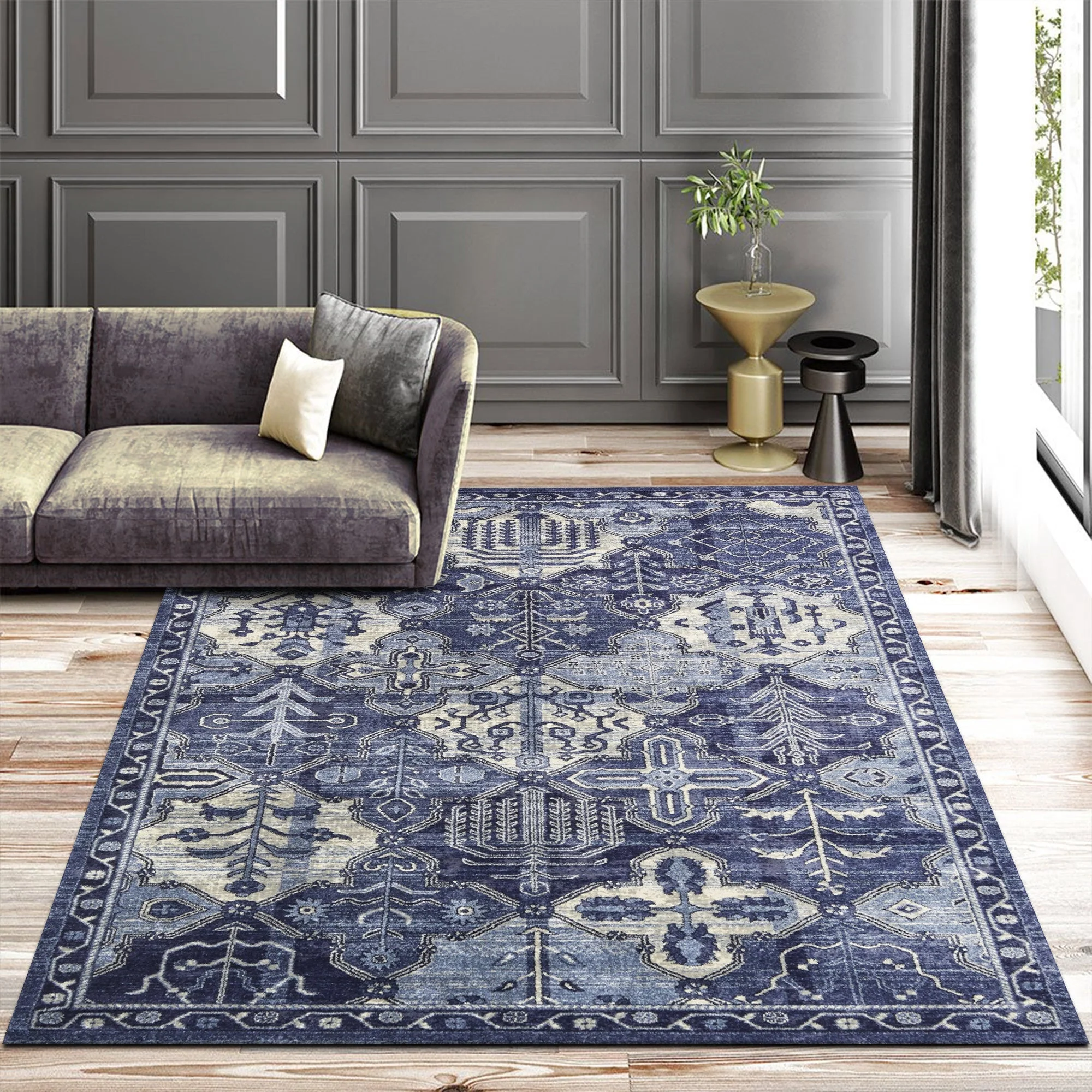 Geometric Patchwork Blue Machine Washable Cotton Area Rug - Image 4