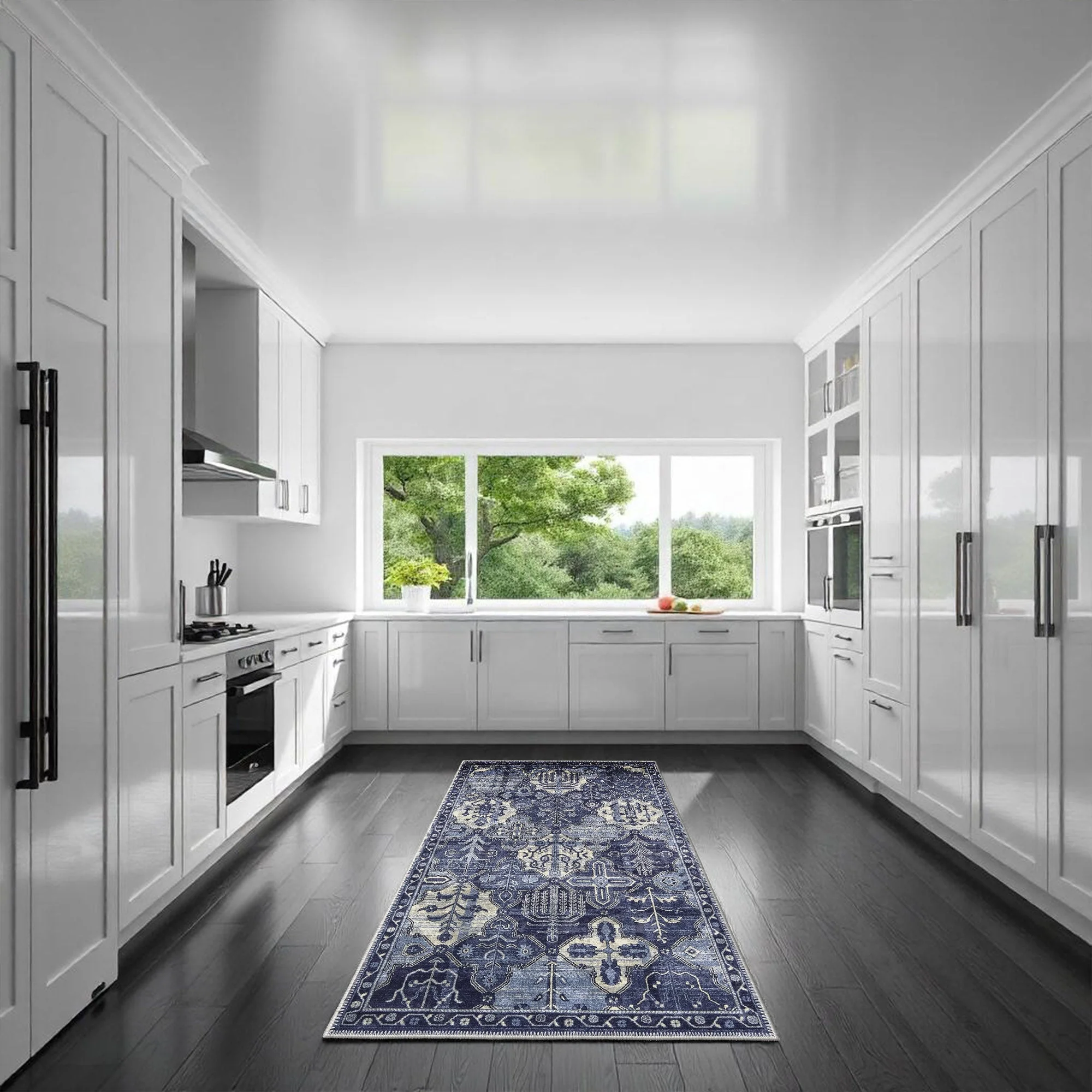 Geometric Patchwork Blue Machine Washable Cotton Area Rug - Image 5