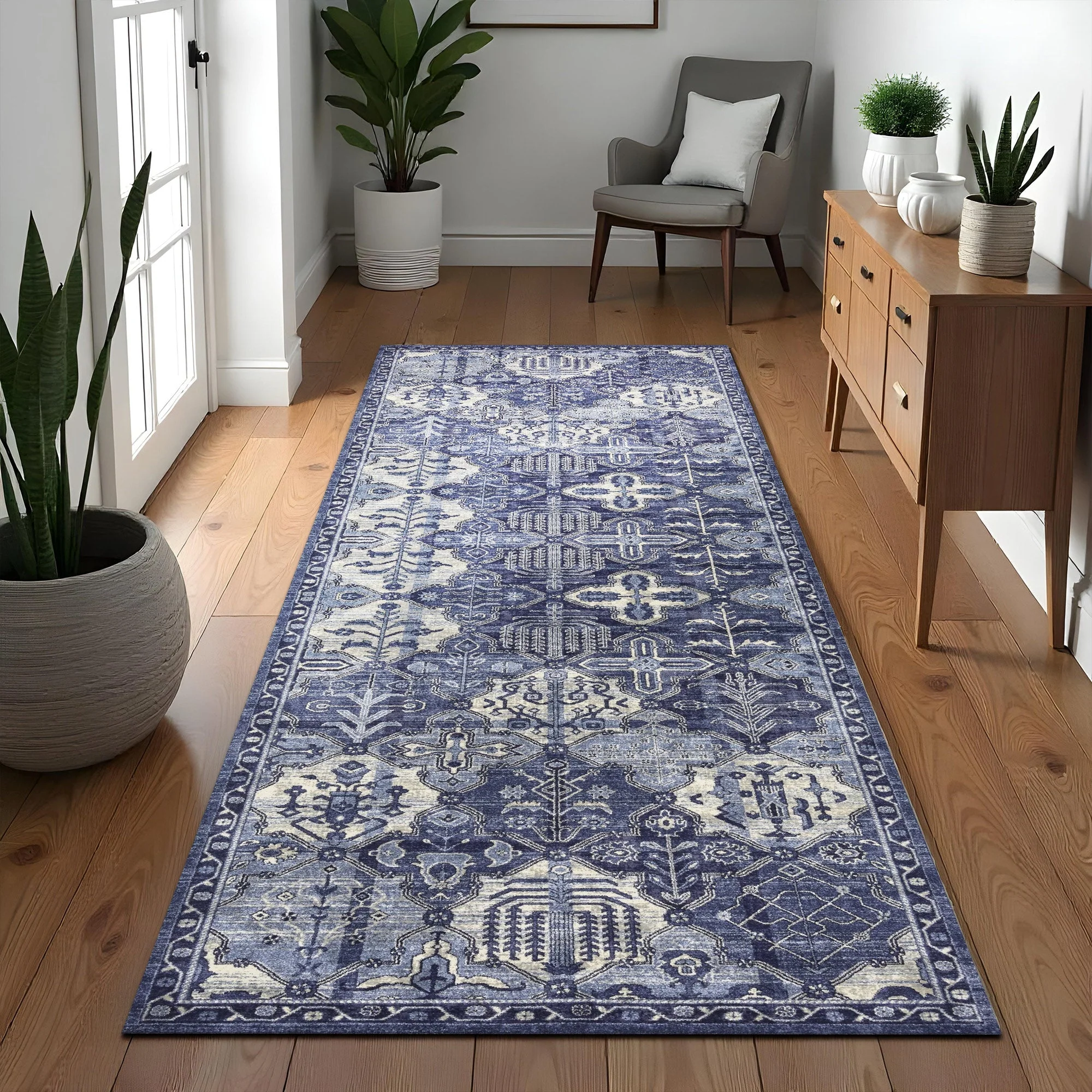 Geometric Patchwork Blue Machine Washable Cotton Area Rug - Image 6