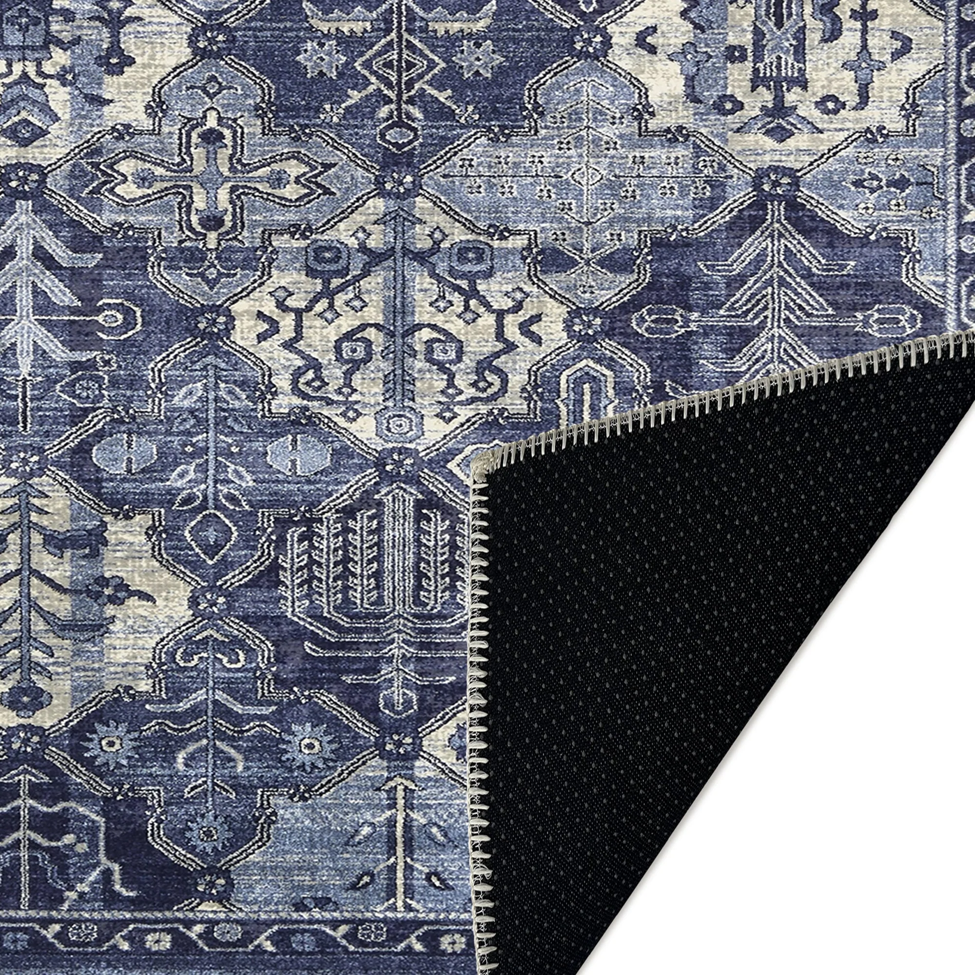 Geometric Patchwork Blue Machine Washable Cotton Area Rug - Image 7