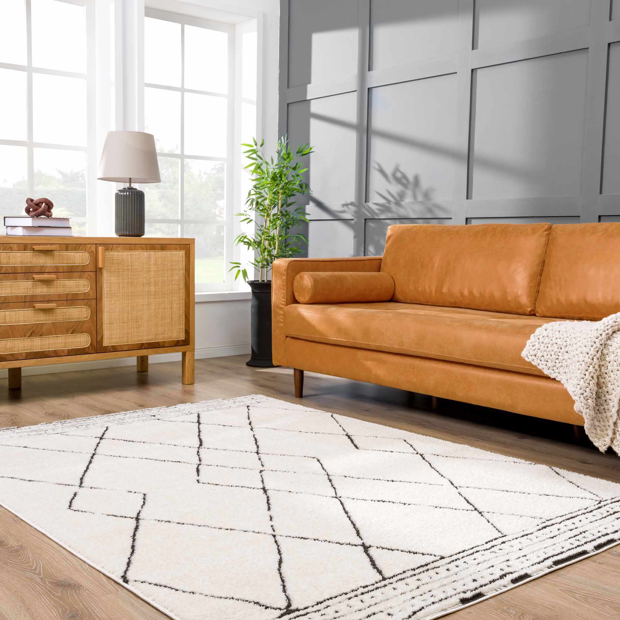 Modern Geometrical Beige and Black Plush Pile Area Rug - Image 15