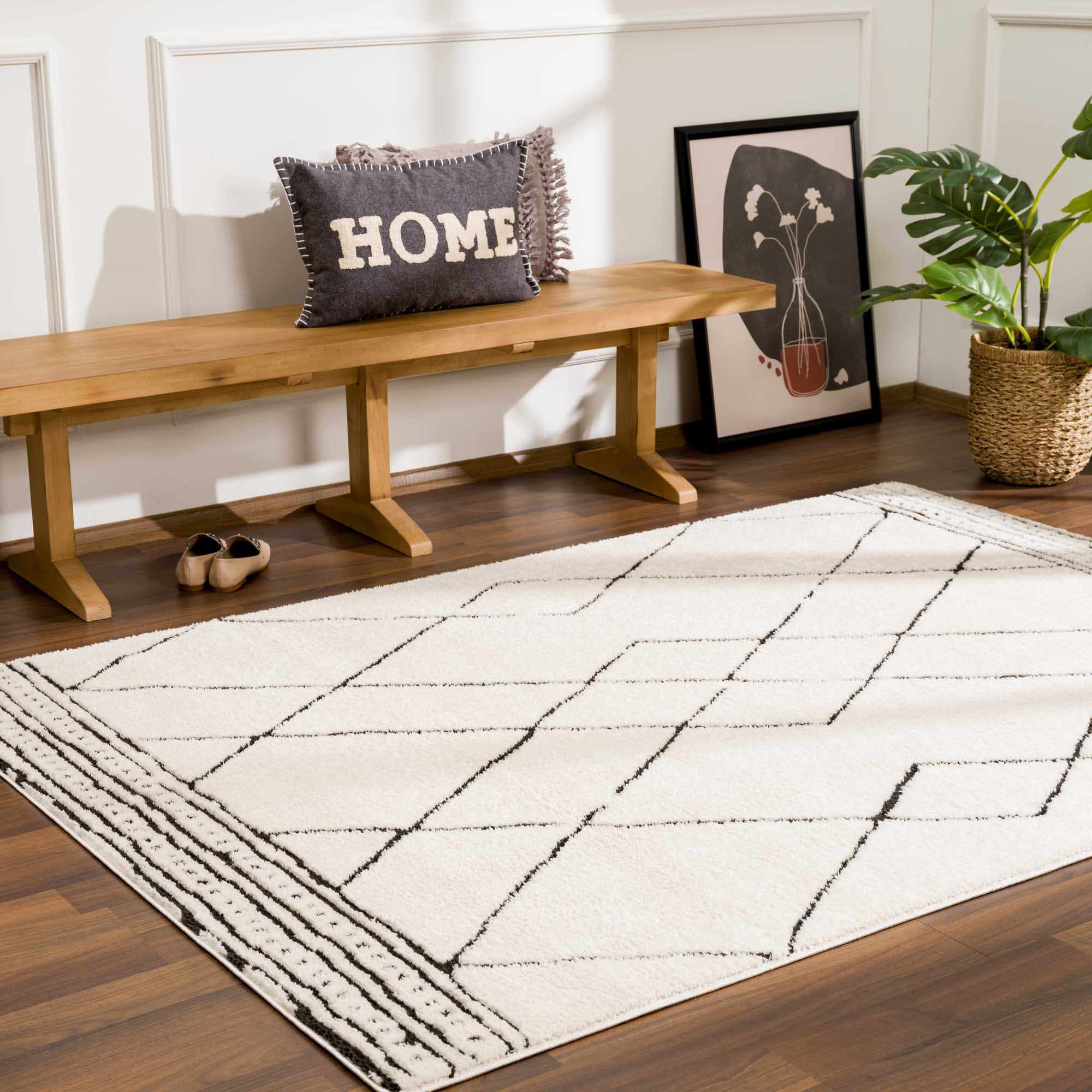 Modern Geometrical Beige and Black Plush Pile Area Rug - Image 17