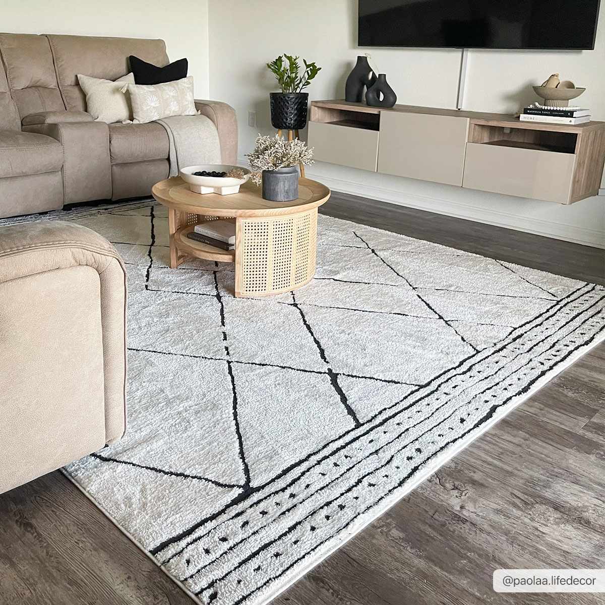 Modern Geometrical Beige and Black Plush Pile Area Rug - Image 2