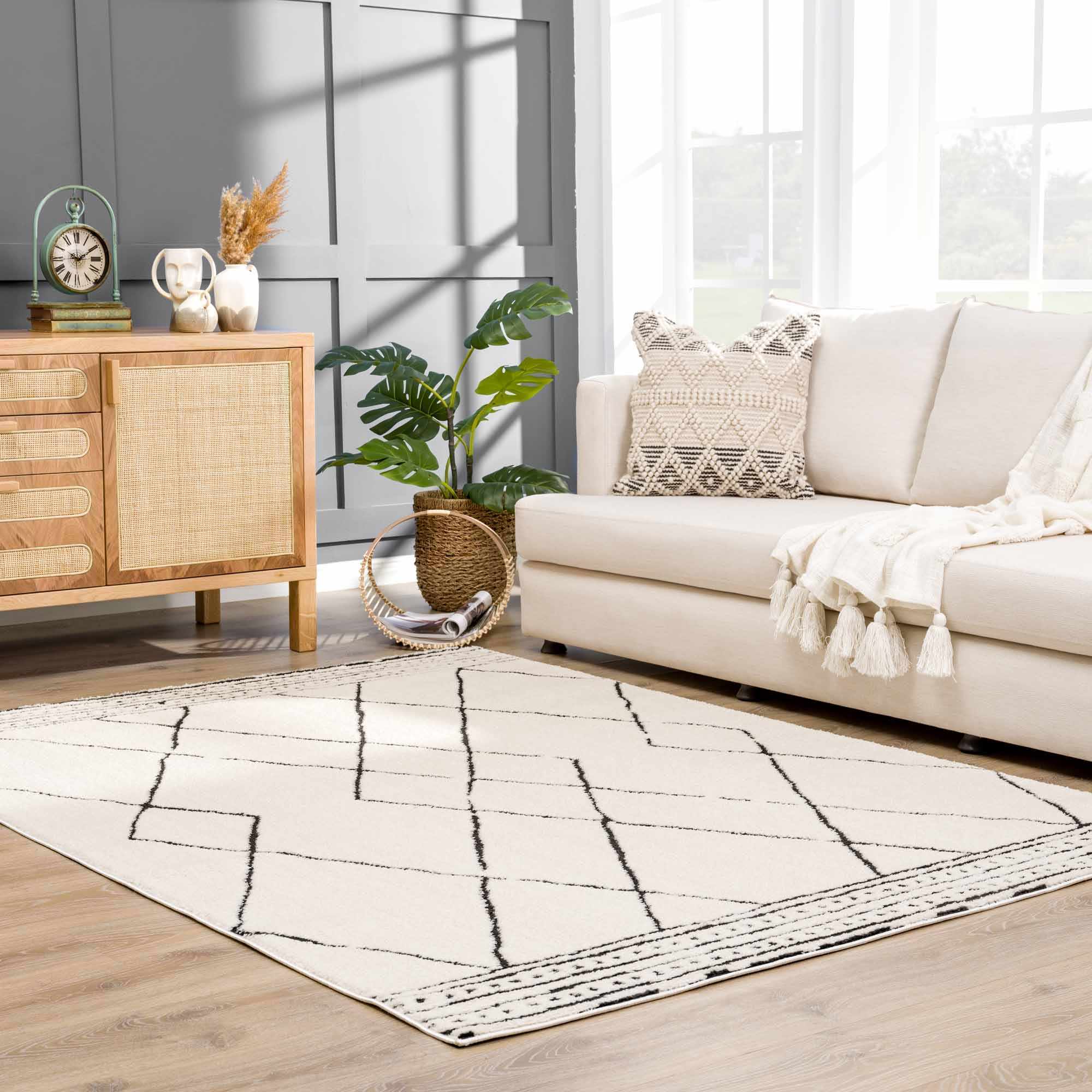 Modern Geometrical Beige and Black Plush Pile Area Rug - Image 3