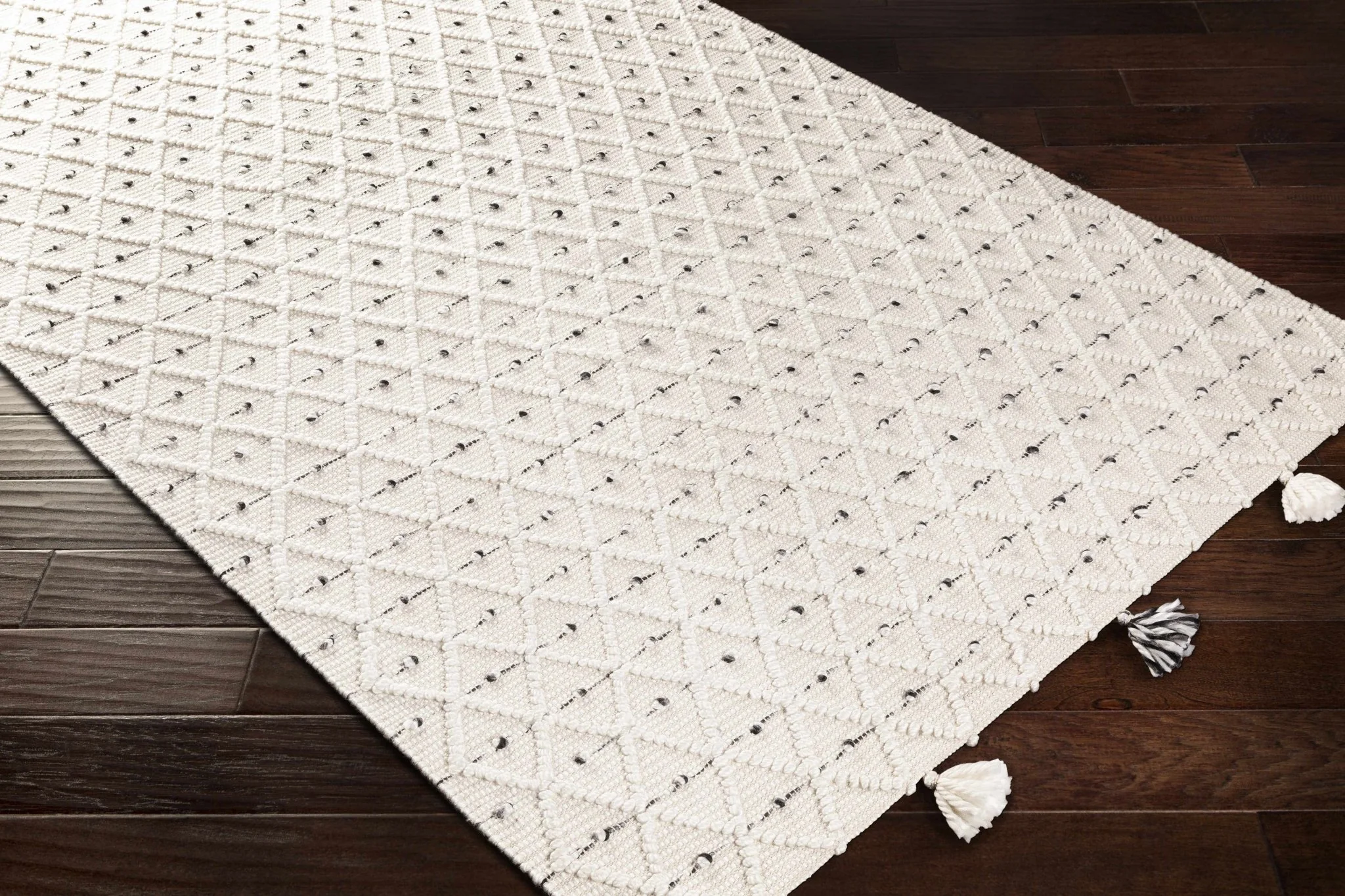 Hand Woven Modern Geometrical Beige and Charcoal Tassel Design rug - Image 6