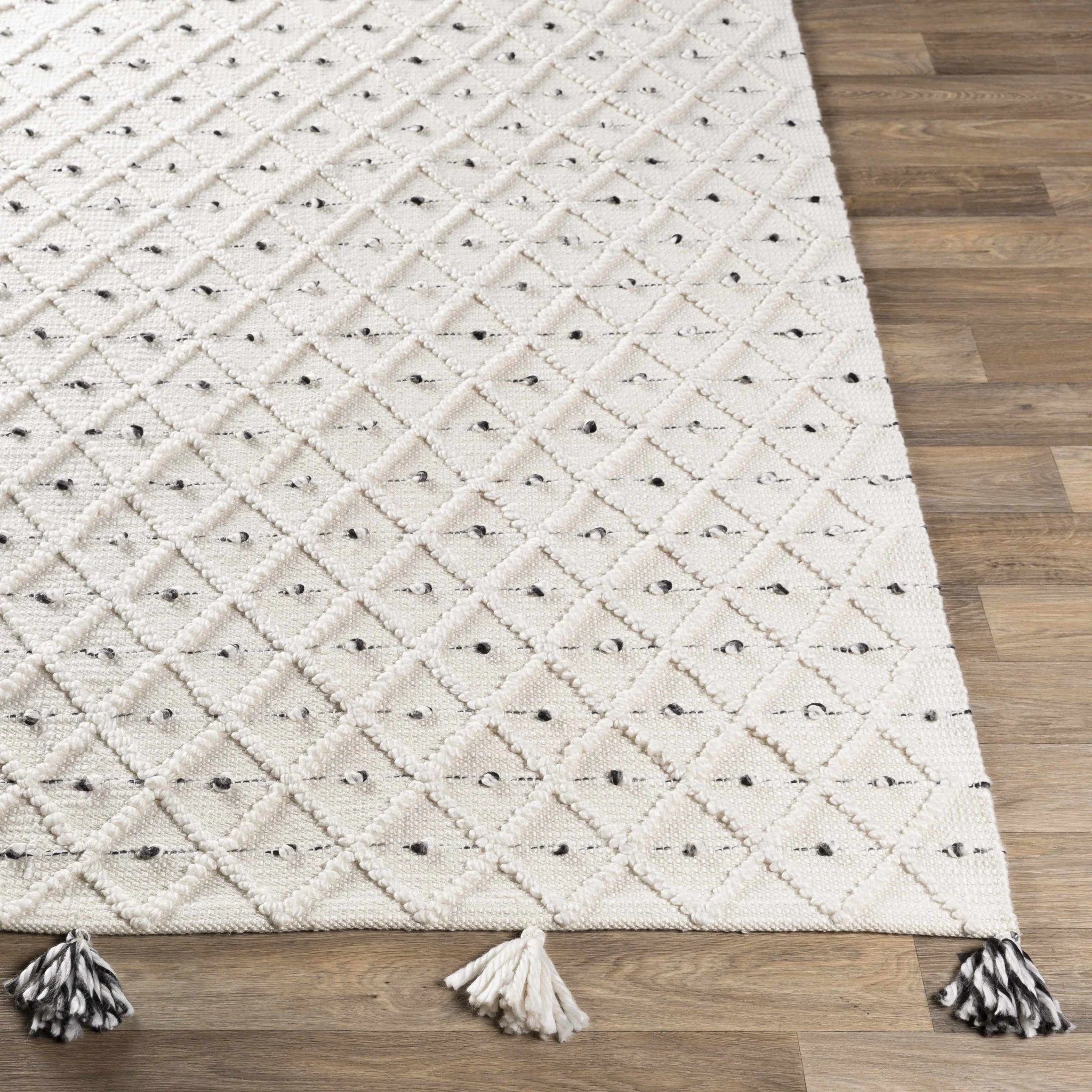 Hand Woven Modern Geometrical Beige and Charcoal Tassel Design rug - Image 7