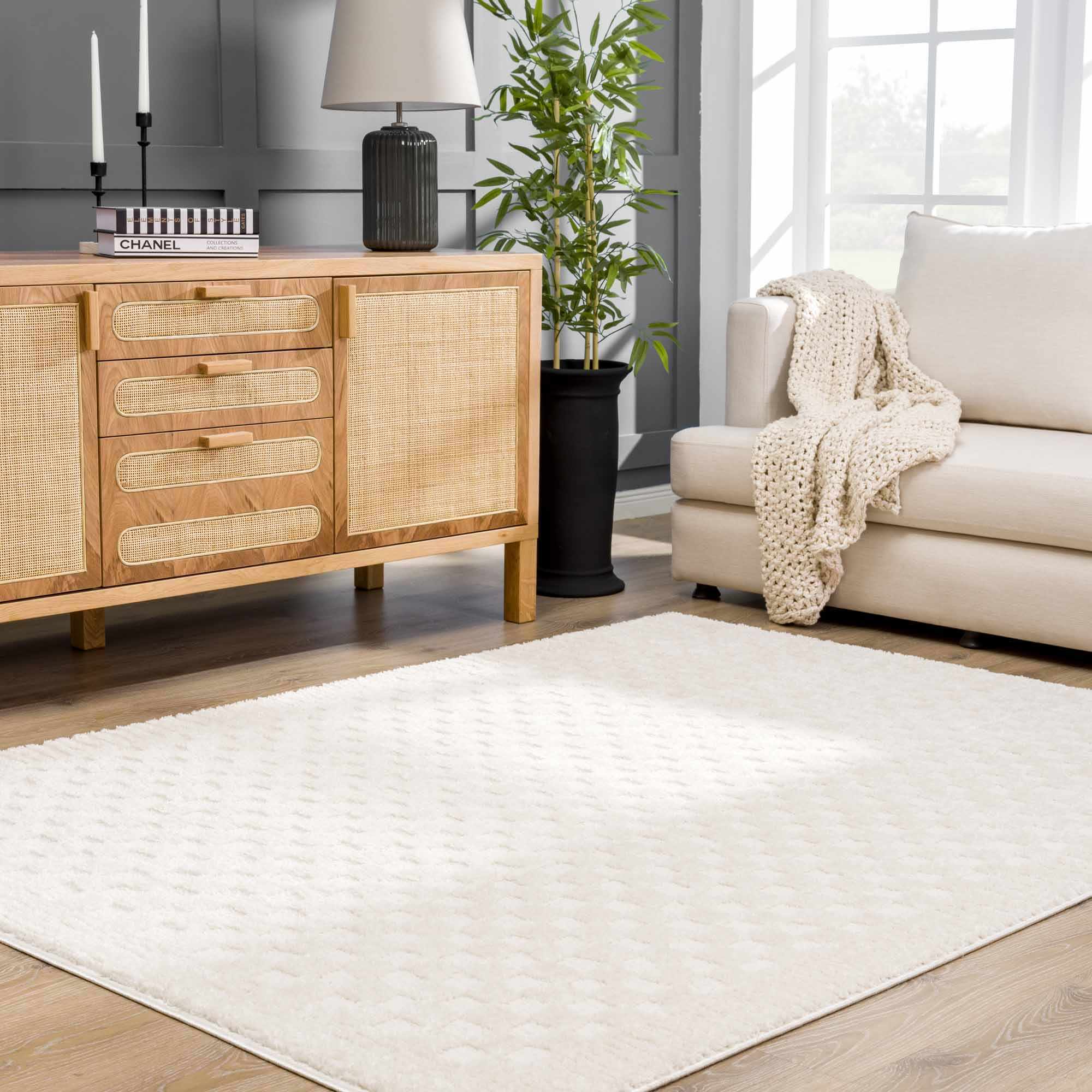 Modern Geometrical Beige Checkered Plush Pile Moroccan Style Area Rug - Image 15