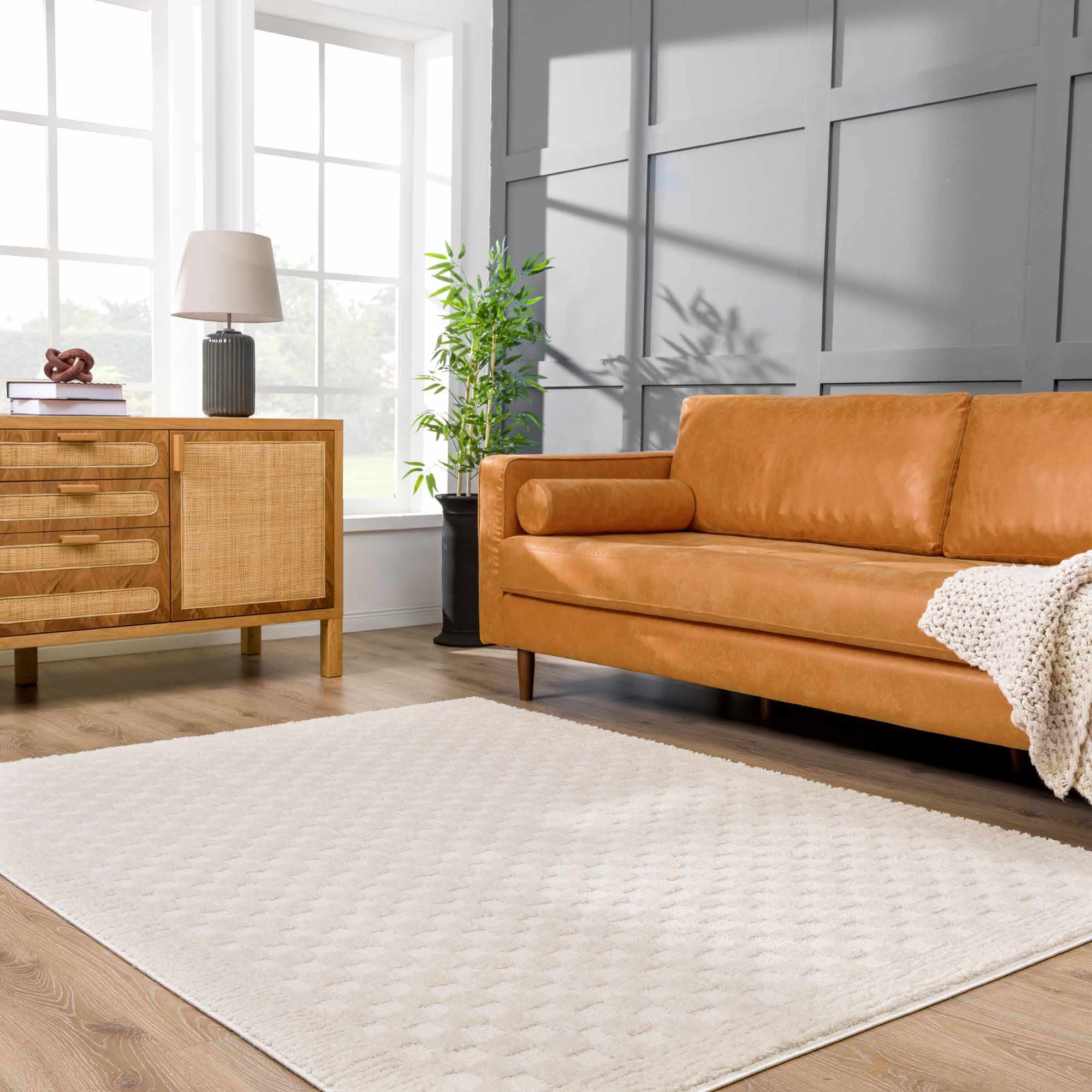 Modern Geometrical Beige Checkered Plush Pile Moroccan Style Area Rug - Image 4