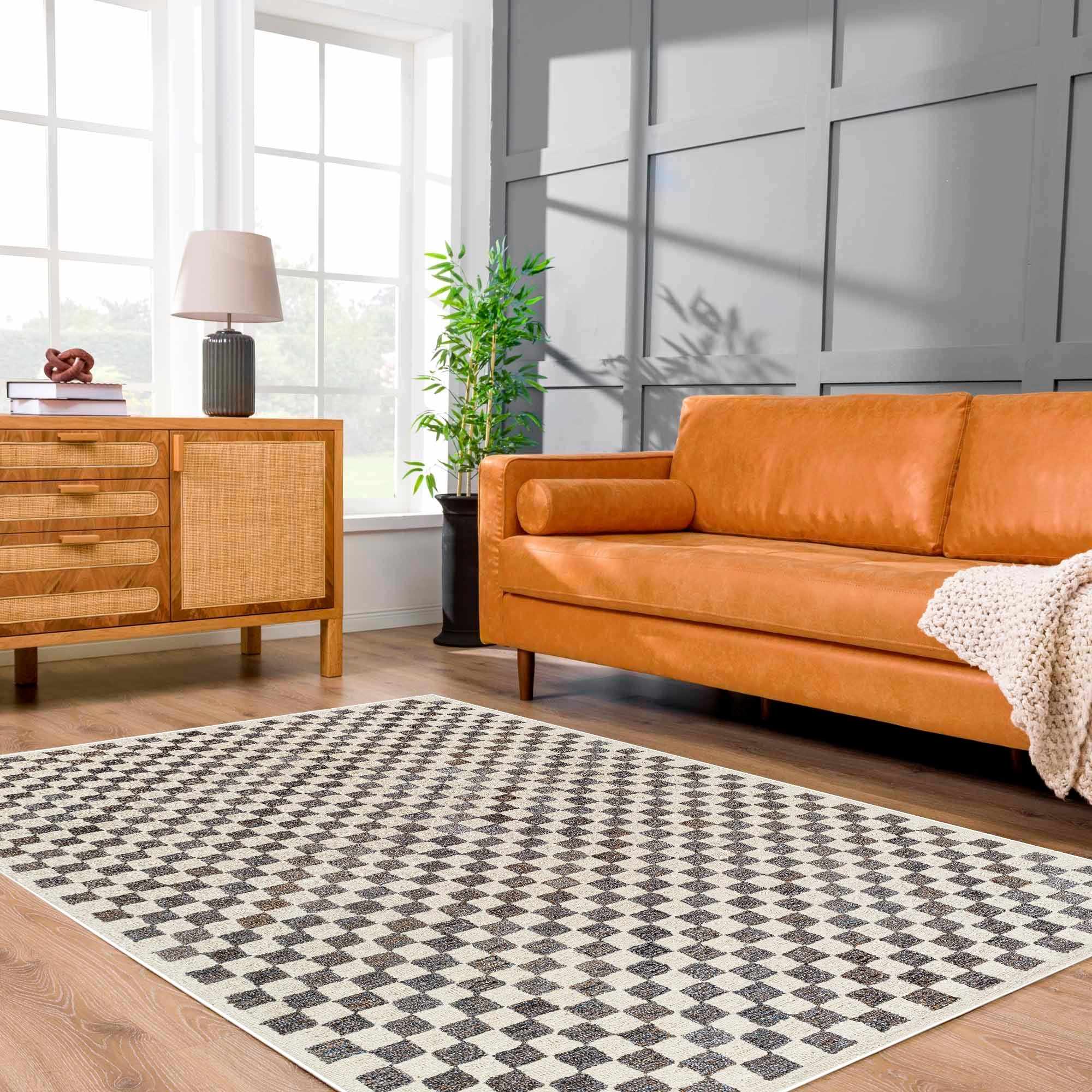 Modern Geometrical Beige and Brown Checkered Hand Tufted wool and Pet yarn Rug - Image 2